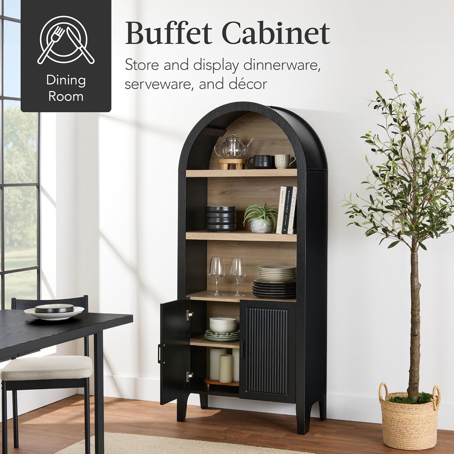 Arteva Living:  72in Tall Arched Pantry Cabinet w/Doors, 5-Tier Bookshelf, Armoire, Hutch, Bookcase, Storage Cabinet w/Adjustable Shelves - Black Oak