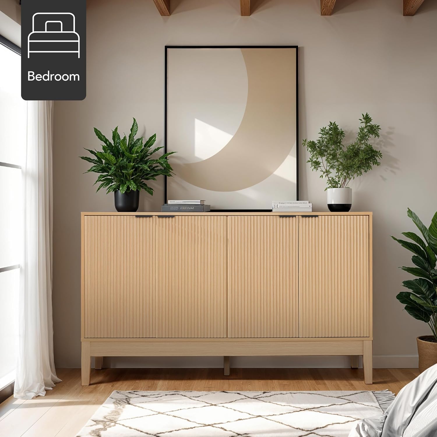 Arteva Living:  4-Door Large Reeded Storage Cabinet, Buffet Sideboard, Media Cabinet, Cupboard, Accent Console Table w/Adjustable Shelves – Natural