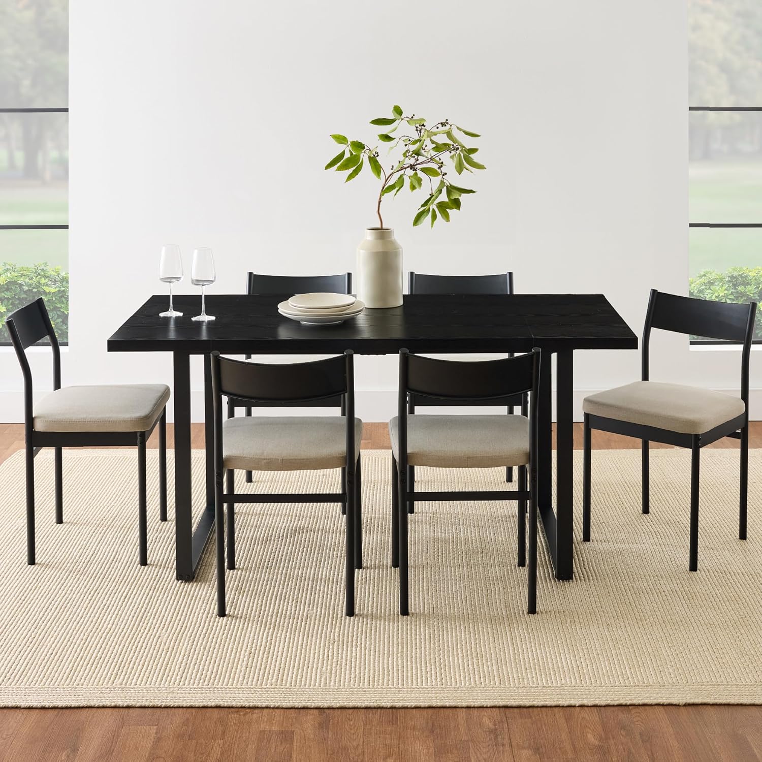 Arteva Living:  7-Piece Modern Dining Room Set, Kitchen Table Set, Dining Table w/ 6 Chairs, Upholstered Cushions, Solid Metal Frame, Curved Backrest - Black/Ivory