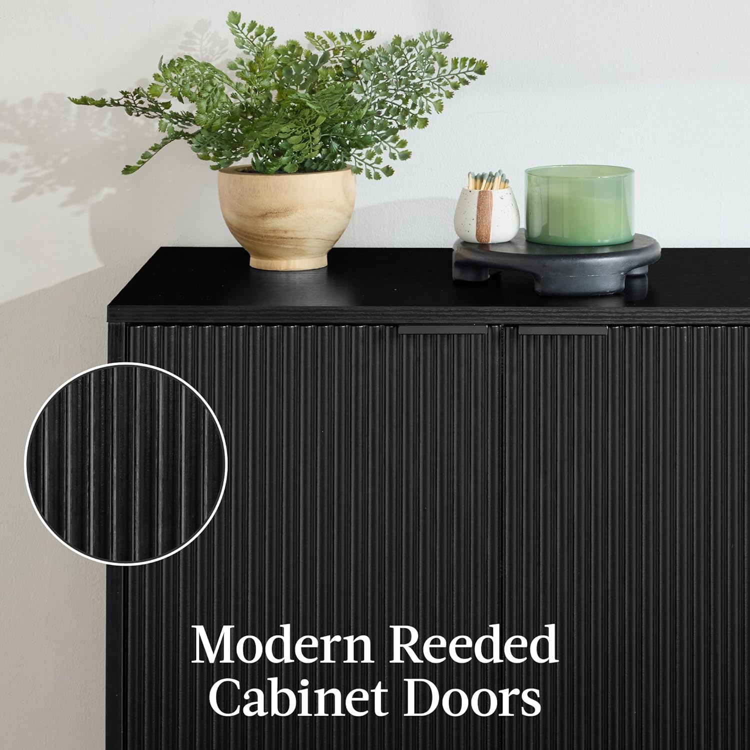 Arteva Living:  4-Door Large Reeded Storage Cabinet, Buffet Sideboard, Media Cabinet, Cupboard, Accent Console Table w/Adjustable Shelves – Natural