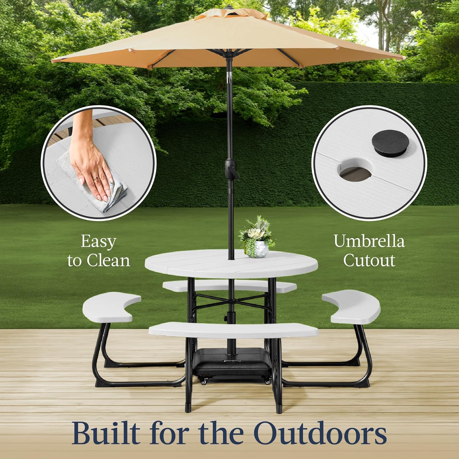 Arteva Living:  8-Person Outdoor Bench Patio Picnic Table, Circular w/ 4 Built-in Benches and Umbrella Hole, 2000lb Capacity - Green