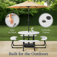 Arteva Living:  8-Person Outdoor Bench Patio Picnic Table, Circular w/ 4 Built-in Benches and Umbrella Hole, 2000lb Capacity - Green