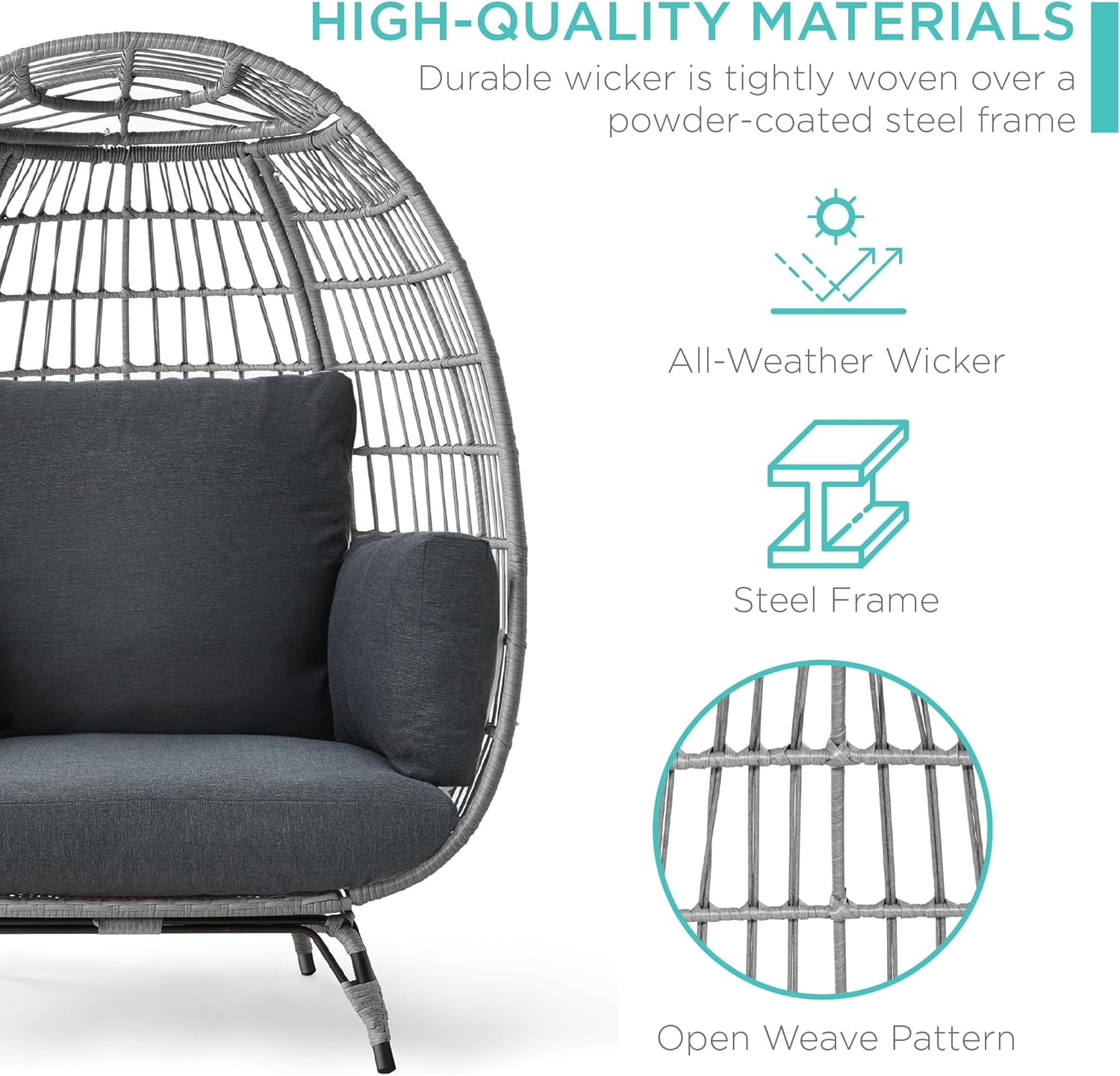 Arteva Living:  Wicker Egg Chair, Oversized Indoor Outdoor Lounger for Patio, Backyard, Living Room w/ 4 Cushions, Steel Frame, 440lb Capacity - Sage