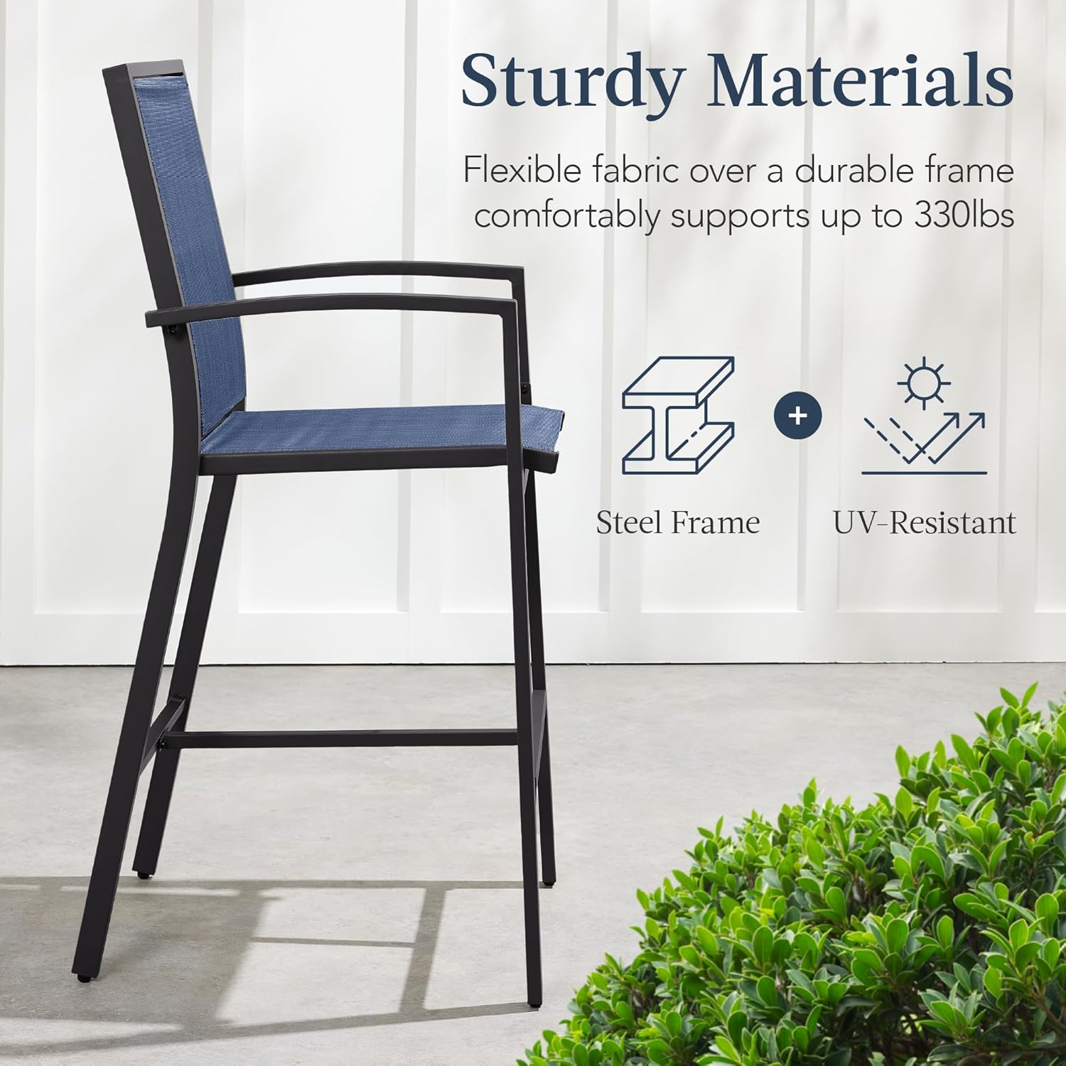 Arteva Living:  Outdoor Bar Stools Set of 2, Bar Height, Patio Furniture, All Weather Mesh Design w/Armrest - Black/Navy