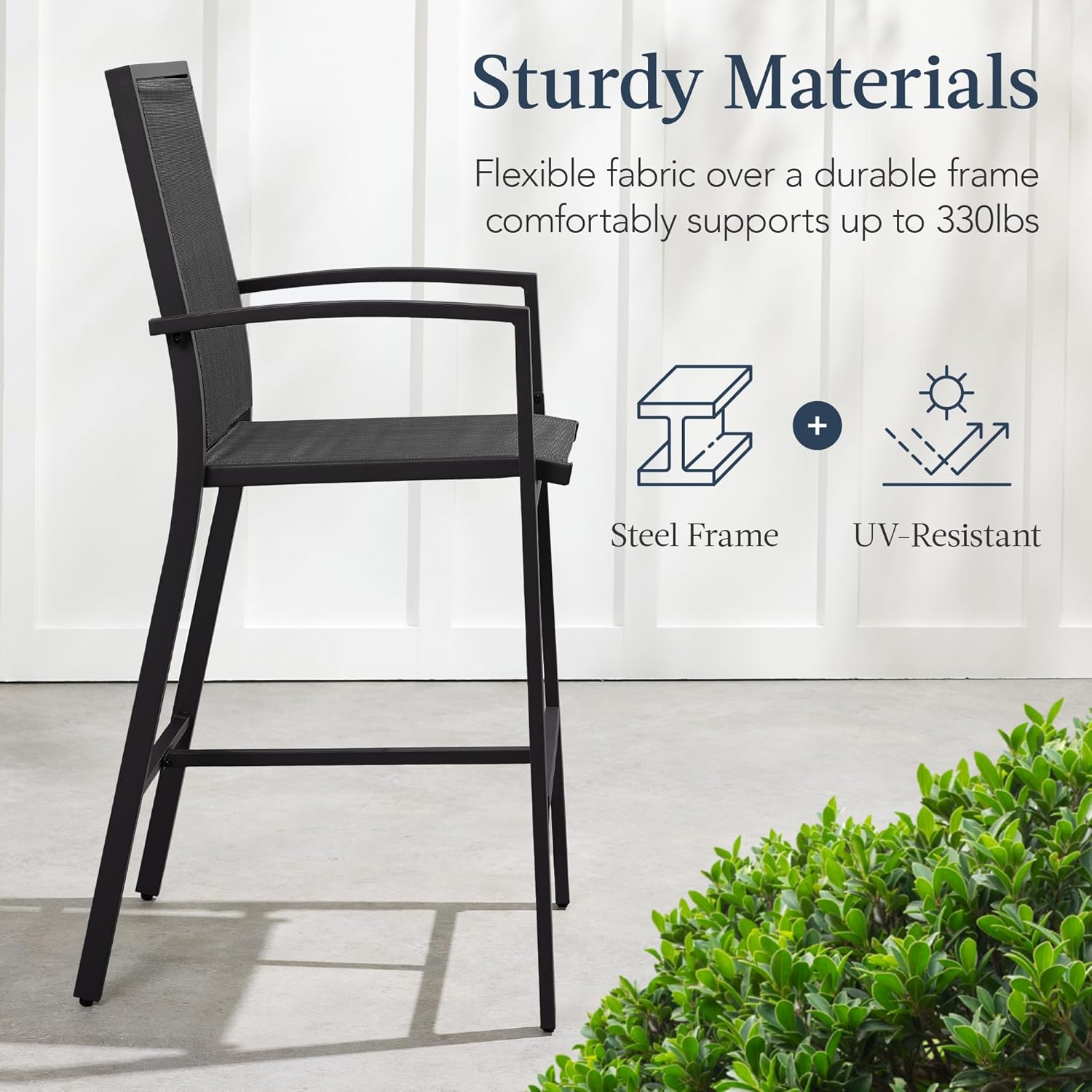 Arteva Living:  Outdoor Bar Stools Set of 2, Bar Height, Patio Furniture, All Weather Mesh Design w/Armrest - Black/Navy