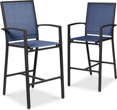 Arteva Living:  Outdoor Bar Stools Set of 2, Bar Height, Patio Furniture, All Weather Mesh Design w/Armrest - Black/Navy