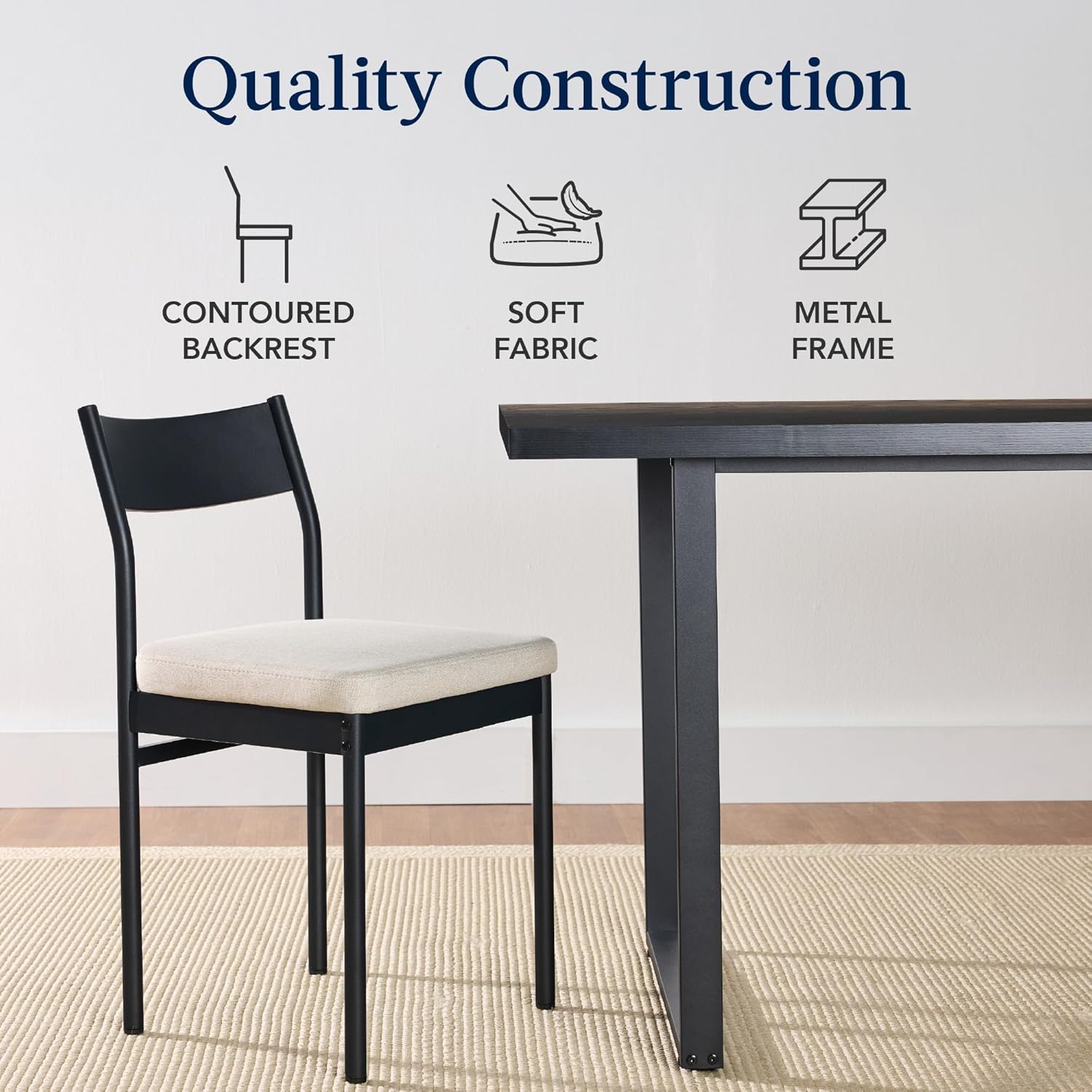 Arteva Living:  7-Piece Modern Dining Room Set, Kitchen Table Set, Dining Table w/ 6 Chairs, Upholstered Cushions, Solid Metal Frame, Curved Backrest - Black/Ivory