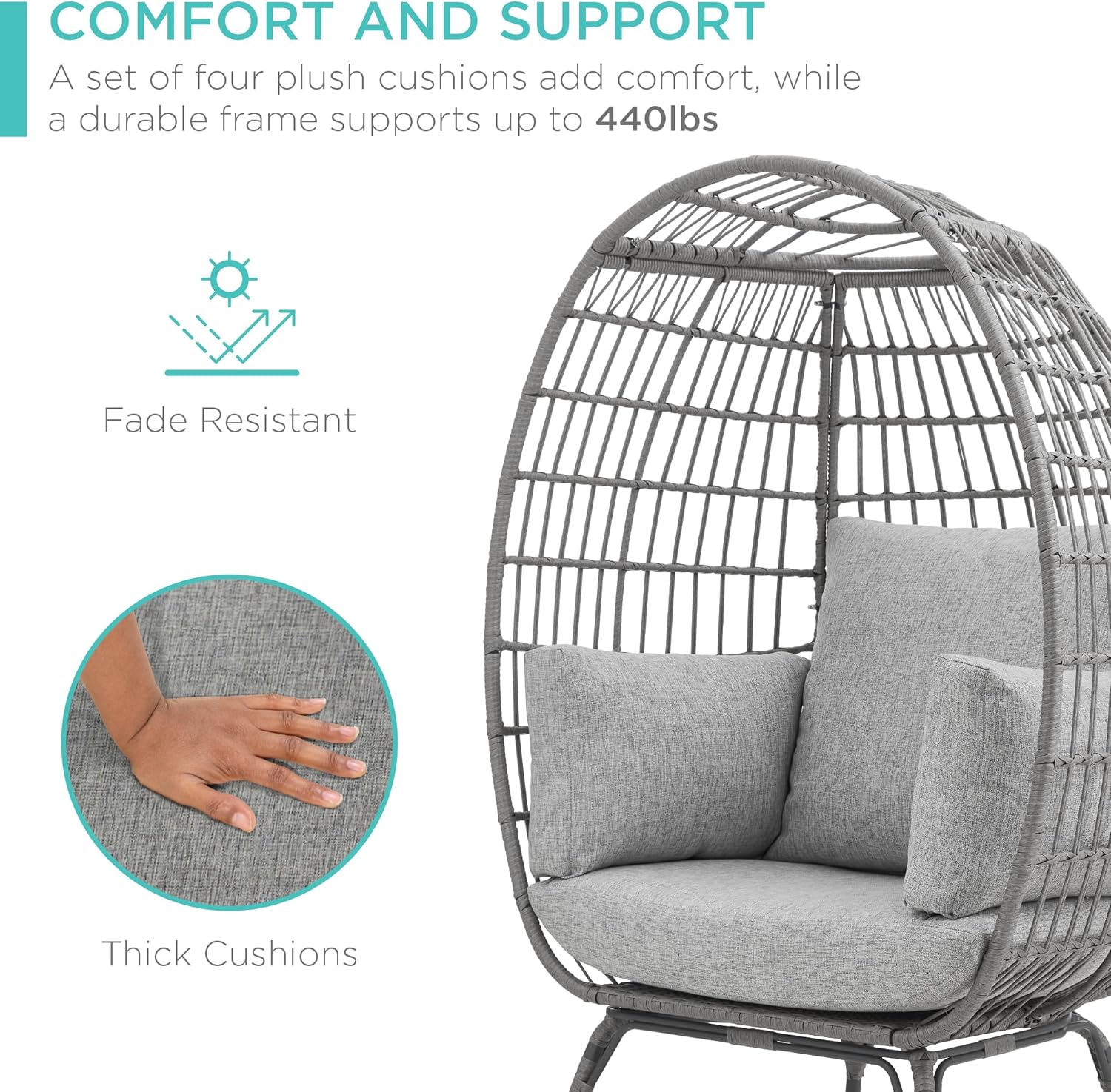 Arteva Living:  Wicker Egg Chair, Oversized Indoor Outdoor Lounger for Patio, Backyard, Living Room w/ 4 Cushions, Steel Frame, 440lb Capacity - Sage