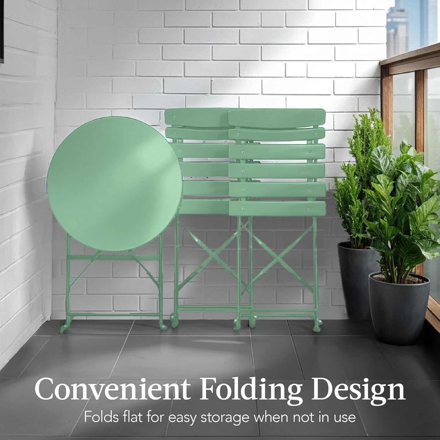 Arteva Living:  3-Piece Bistro Set, Space Saving Folding Design, Solid Steel, Outdoor Patio Furniture Set w/ 2 Chairs, Bistro Table - Sage