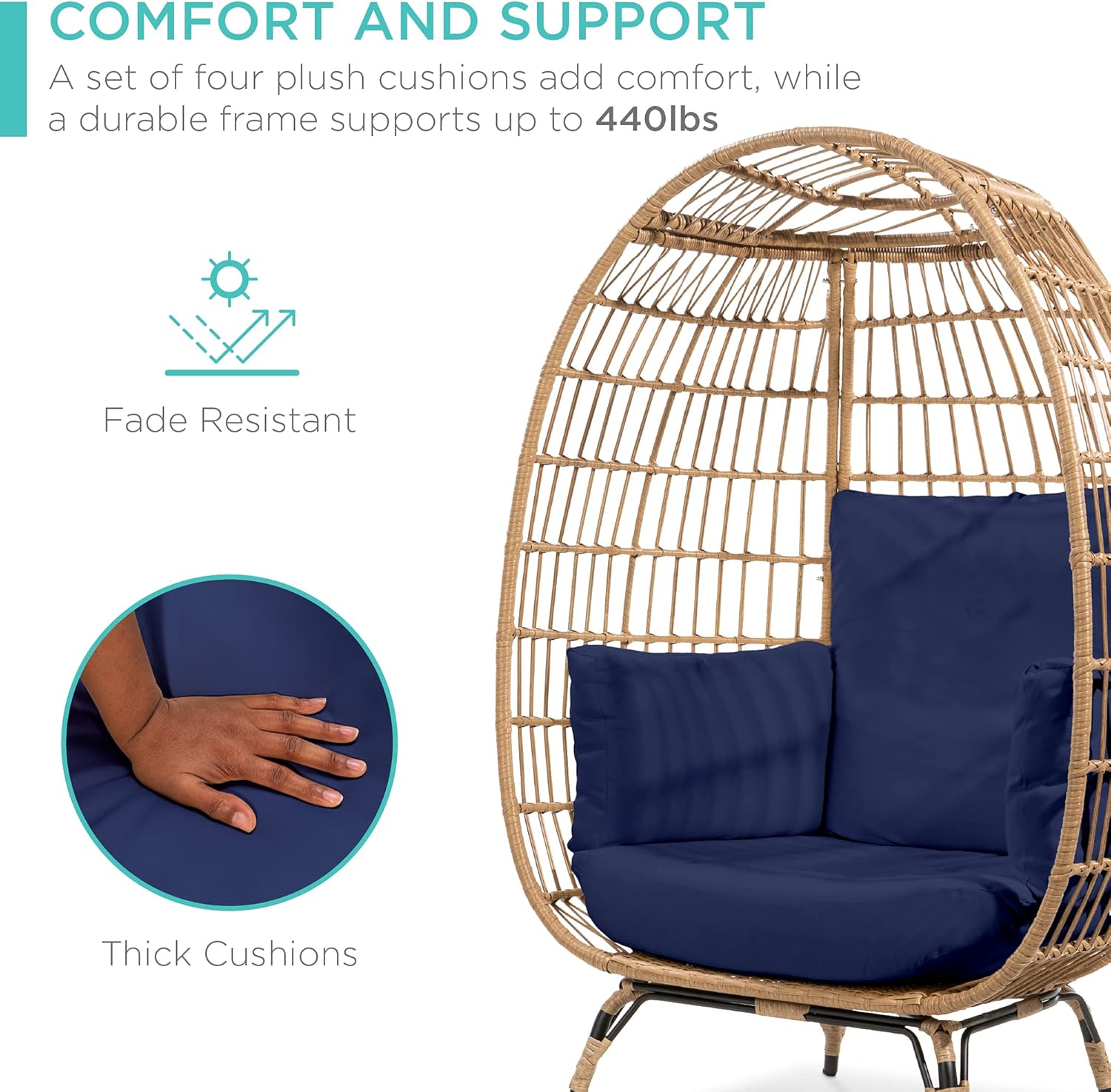 Arteva Living:  Wicker Egg Chair, Oversized Indoor Outdoor Lounger for Patio, Backyard, Living Room w/ 4 Cushions, Steel Frame, 440lb Capacity - Sage