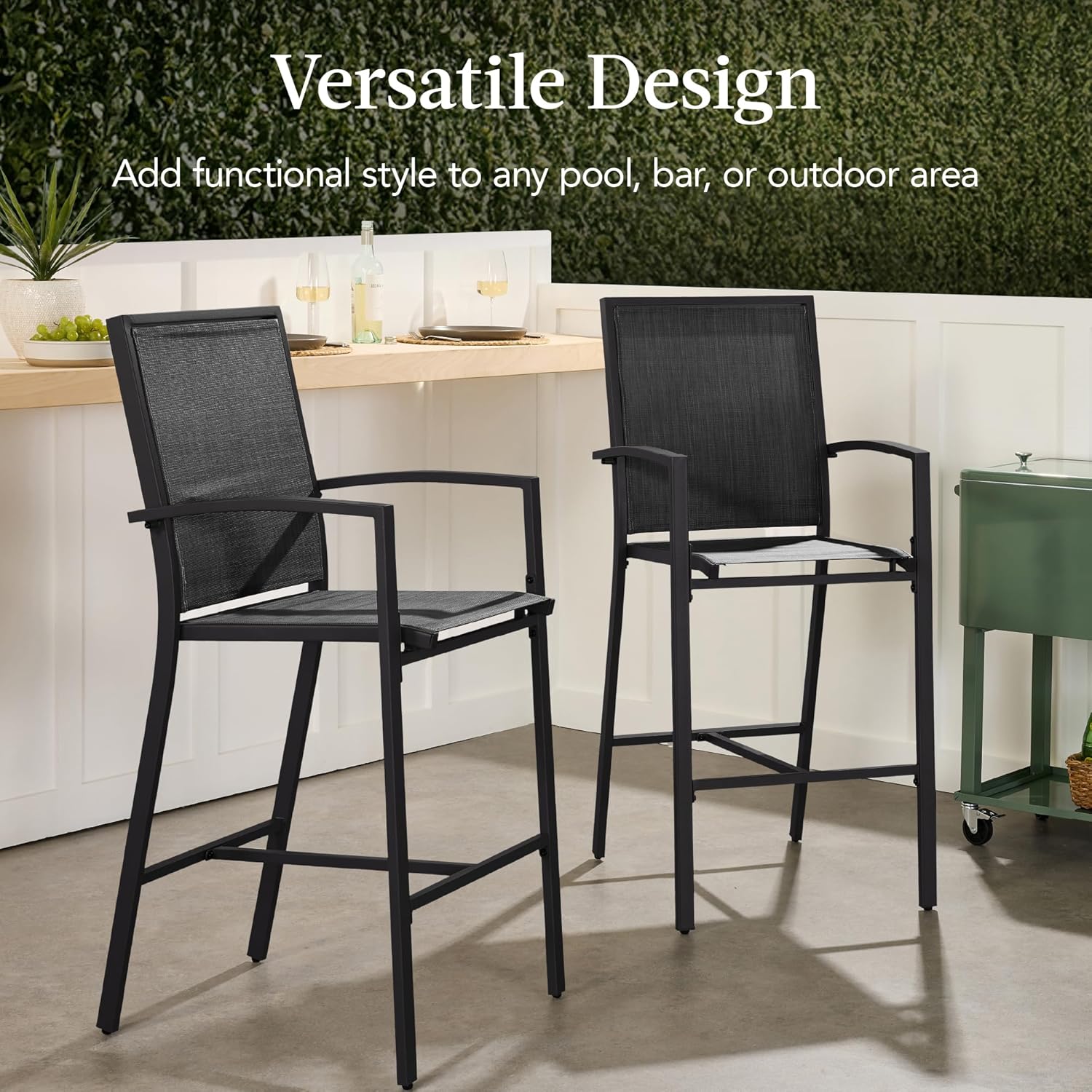 Arteva Living:  Outdoor Bar Stools Set of 2, Bar Height, Patio Furniture, All Weather Mesh Design w/Armrest - Black/Navy