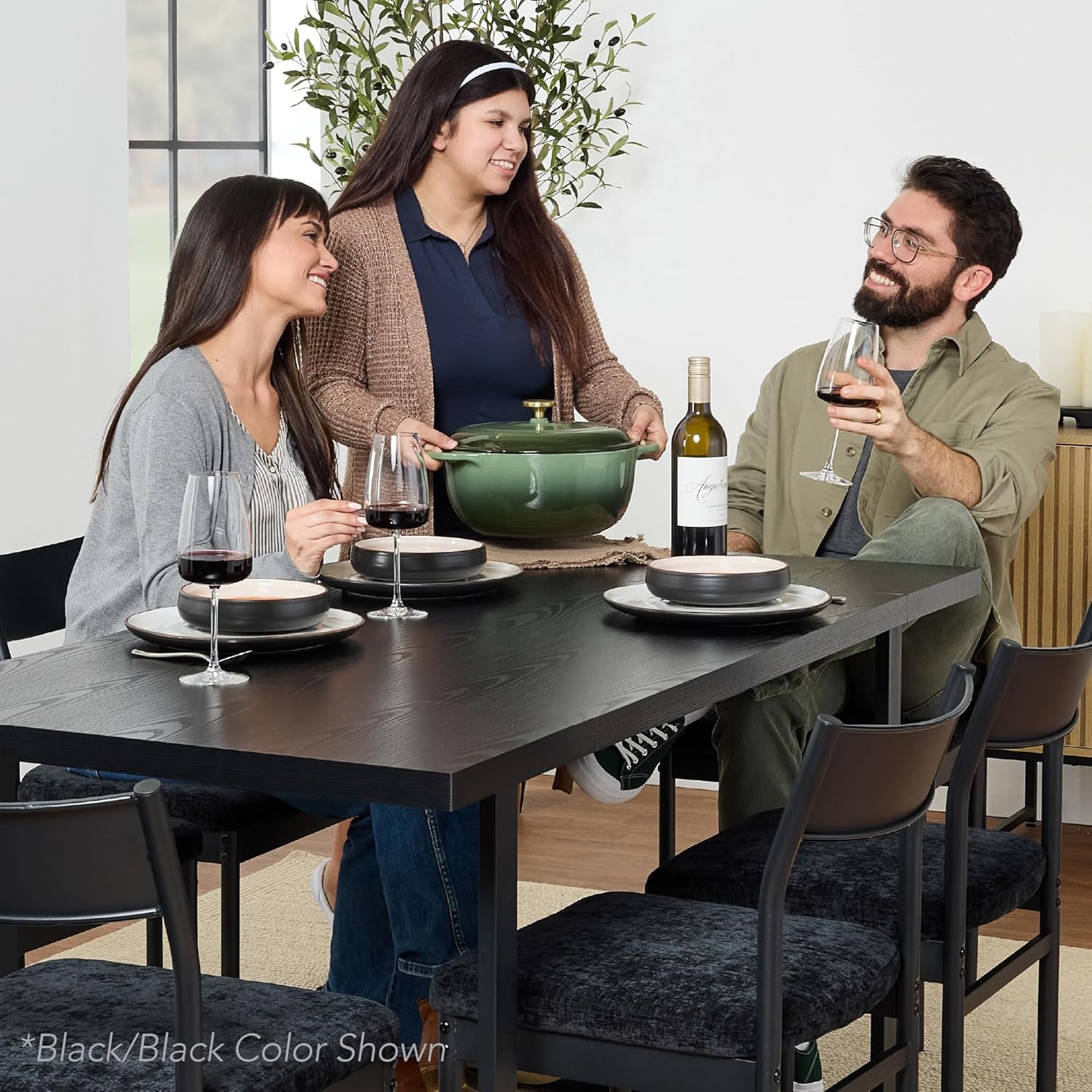Arteva Living:  7-Piece Modern Dining Room Set, Kitchen Table Set, Dining Table w/ 6 Chairs, Upholstered Cushions, Solid Metal Frame, Curved Backrest - Black/Ivory
