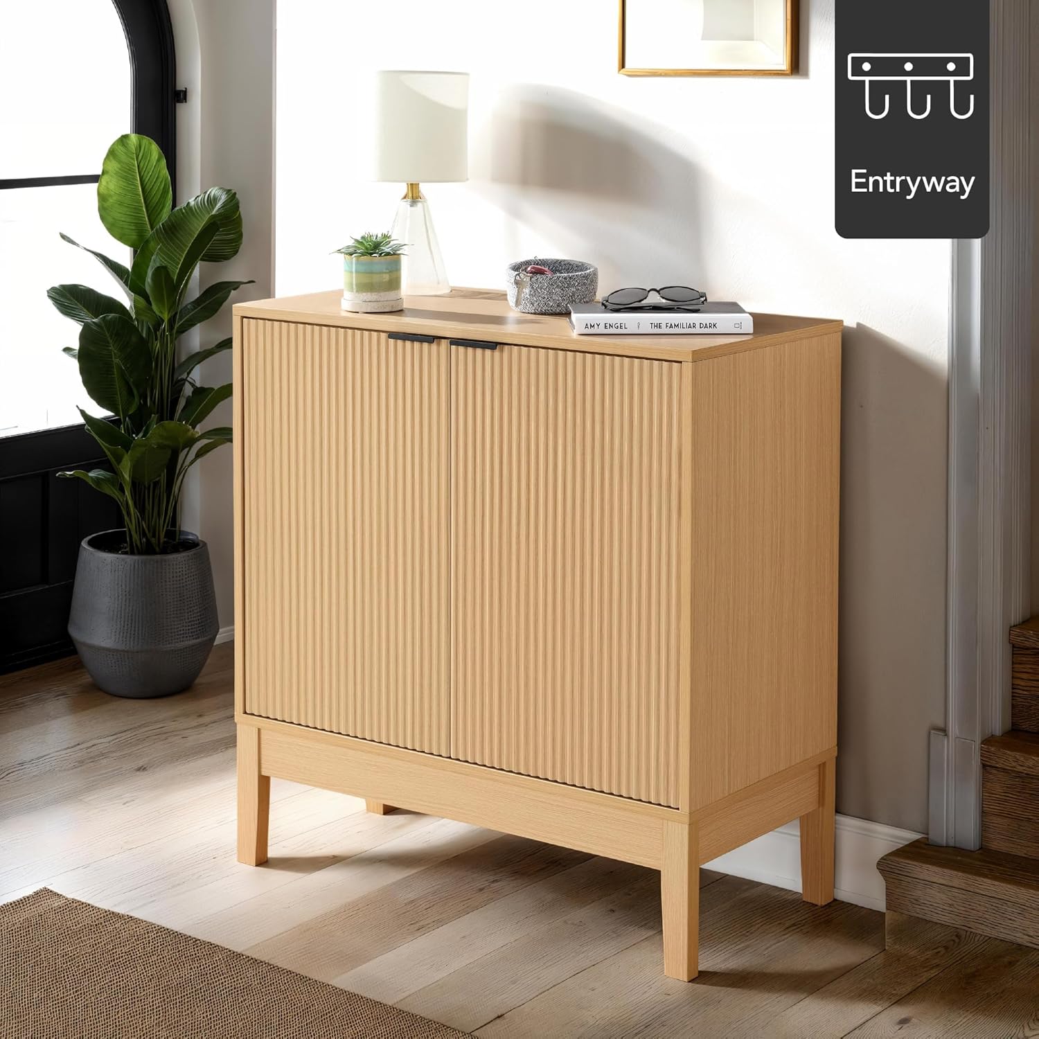 Arteva Living:  4-Door Large Reeded Storage Cabinet, Buffet Sideboard, Media Cabinet, Cupboard, Accent Console Table w/Adjustable Shelves – Natural