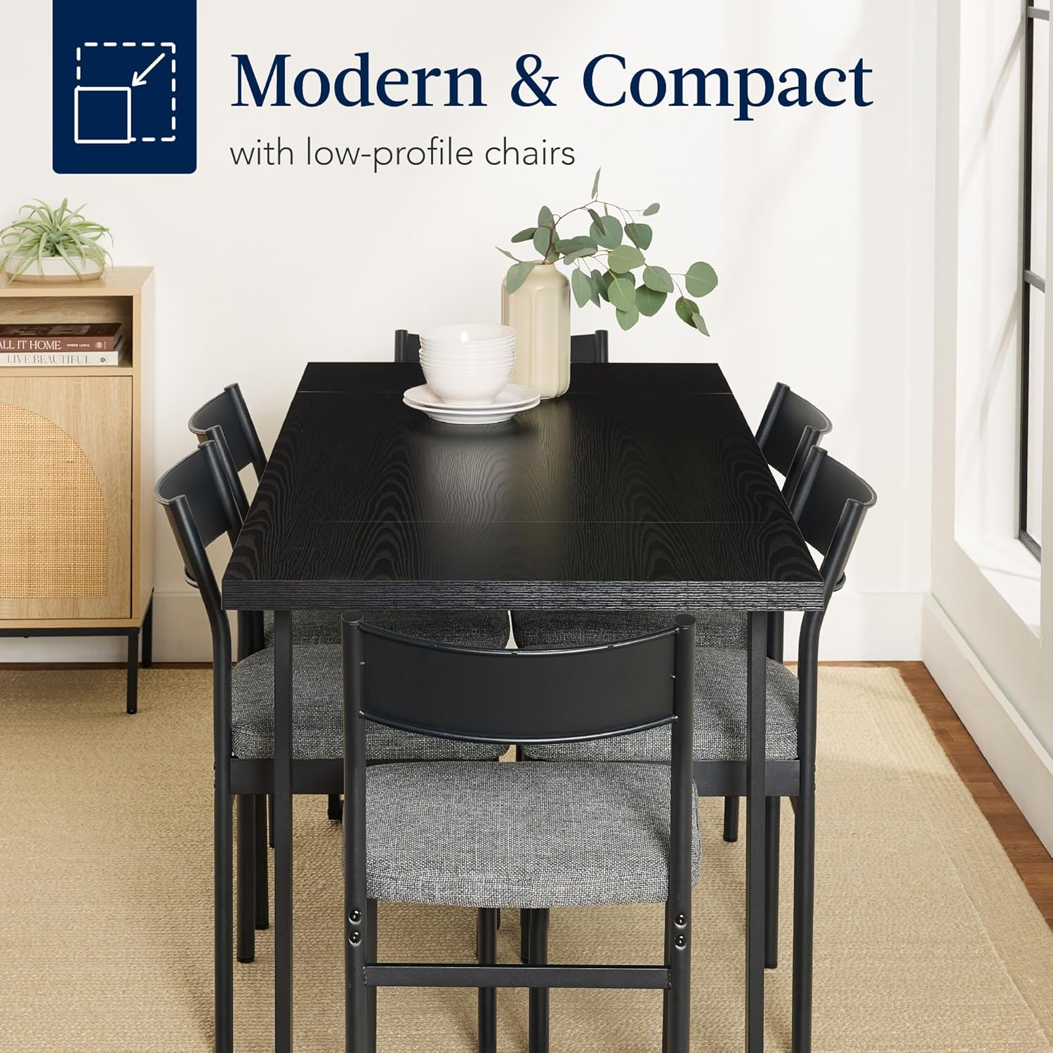 Arteva Living:  7-Piece Modern Dining Room Set, Kitchen Table Set, Dining Table w/ 6 Chairs, Upholstered Cushions, Solid Metal Frame, Curved Backrest - Black/Ivory