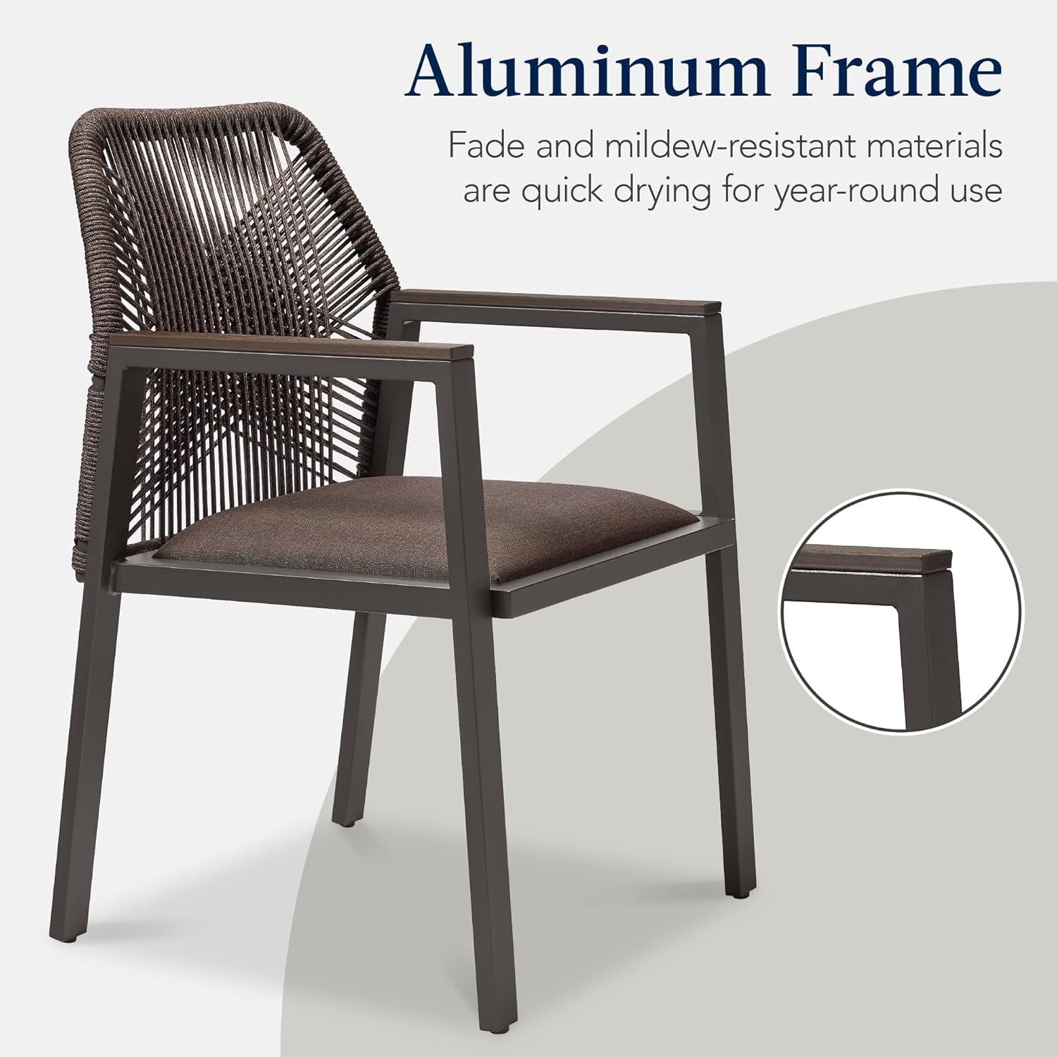 Arteva Living:  Outdoor Dining Arm Chair Set of 2, Aluminum Frame with Armrest, All-Weather Woven Rope Chair Design - Charcoal/Graphite