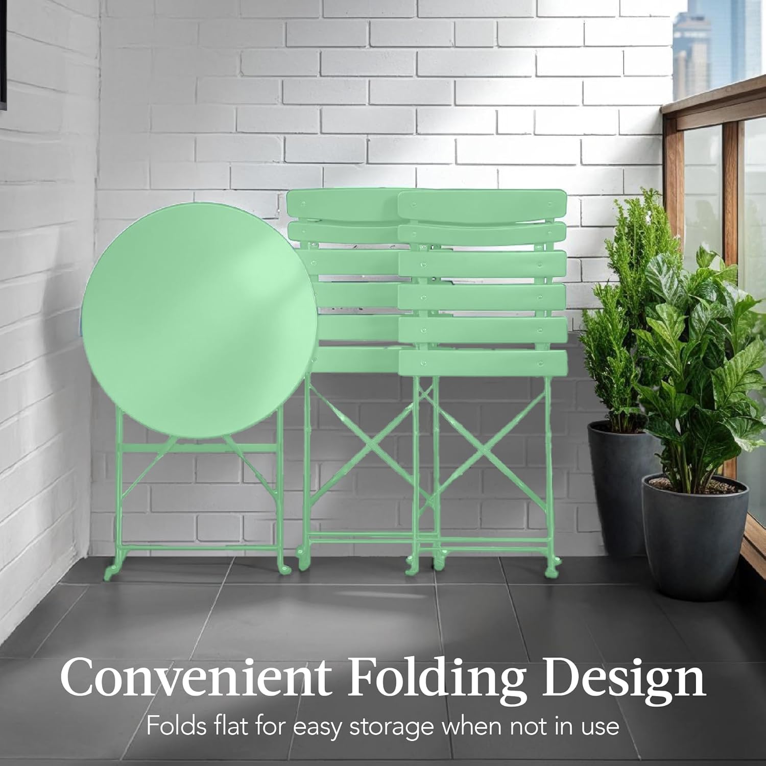 Arteva Living:  3-Piece Bistro Set, Space Saving Folding Design, Solid Steel, Outdoor Patio Furniture Set w/ 2 Chairs, Bistro Table - Sage