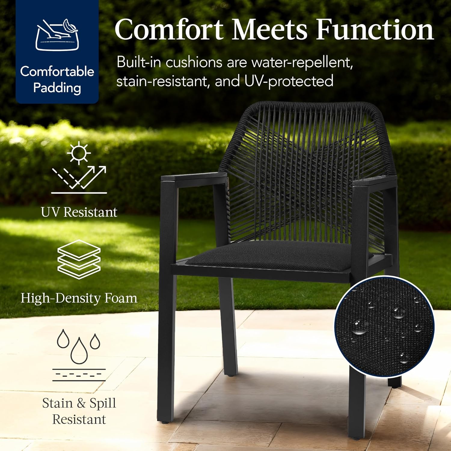 Arteva Living:  Outdoor Dining Arm Chair Set of 2, Aluminum Frame with Armrest, All-Weather Woven Rope Chair Design - Charcoal/Graphite