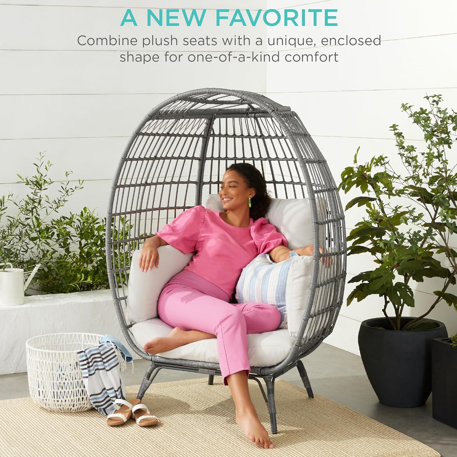 Arteva Living:  Wicker Egg Chair, Oversized Indoor Outdoor Lounger for Patio, Backyard, Living Room w/ 4 Cushions, Steel Frame, 440lb Capacity - Sage