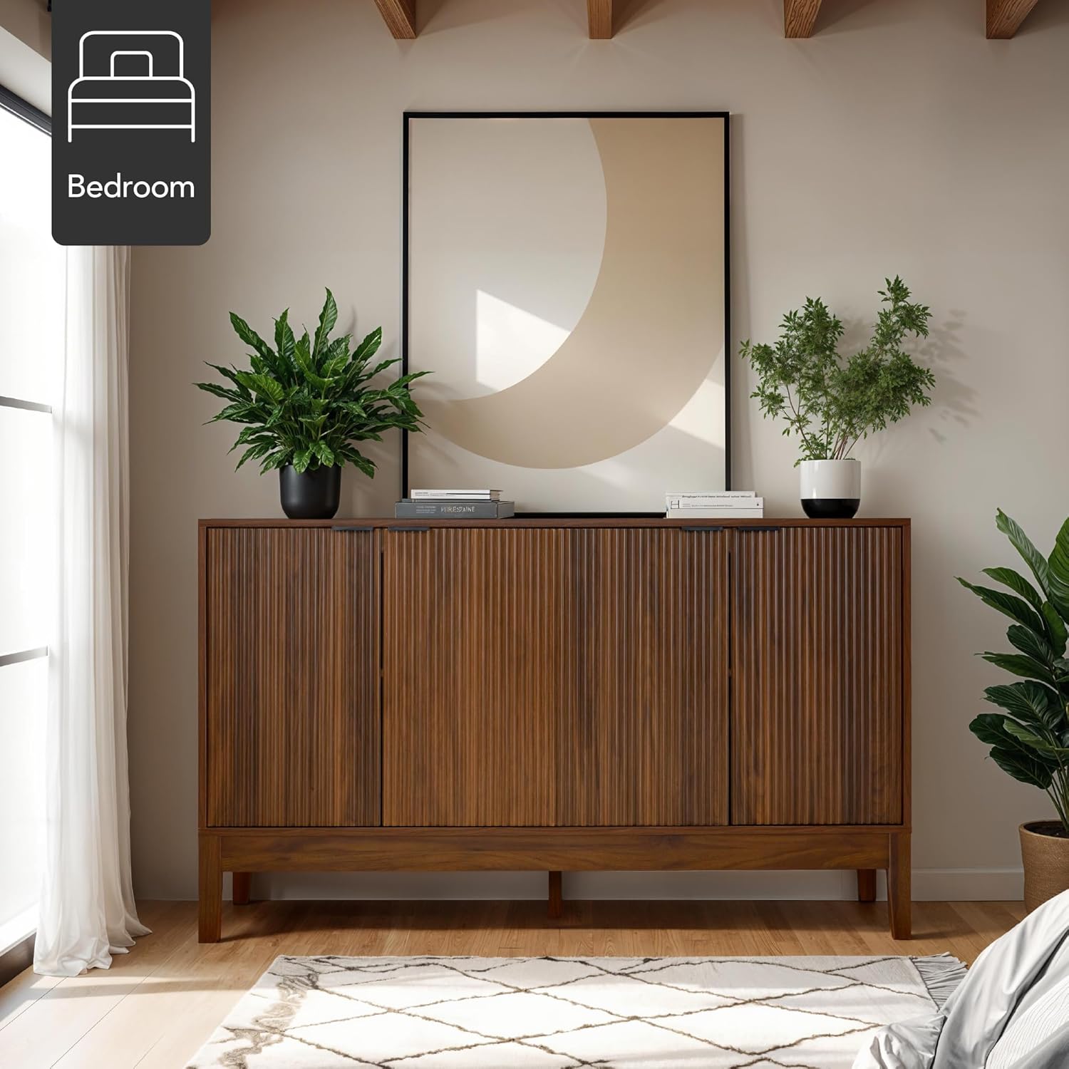 Arteva Living:  4-Door Large Reeded Storage Cabinet, Buffet Sideboard, Media Cabinet, Cupboard, Accent Console Table w/Adjustable Shelves – Natural