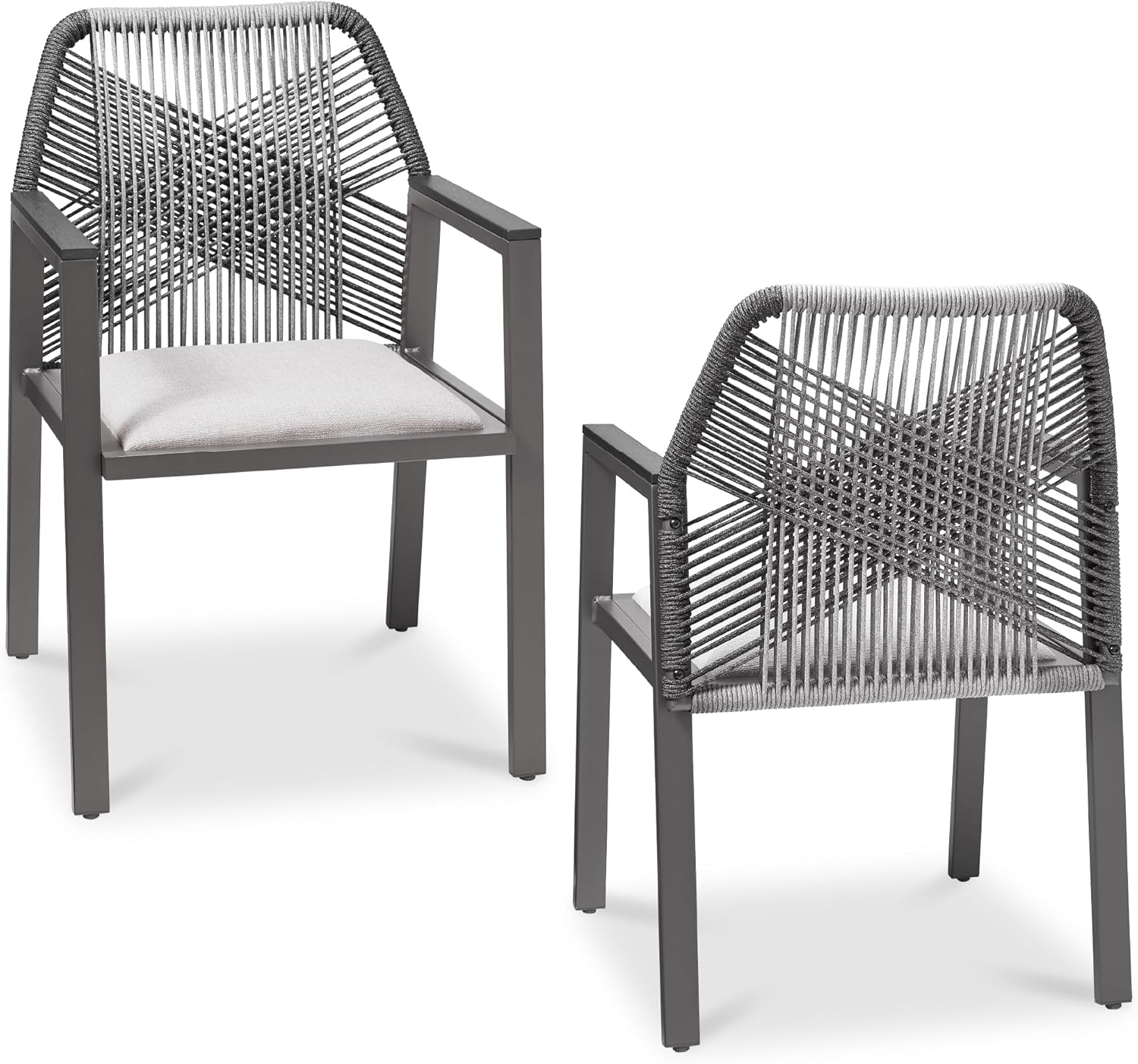 Arteva Living:  Outdoor Dining Arm Chair Set of 2, Aluminum Frame with Armrest, All-Weather Woven Rope Chair Design - Charcoal/Graphite