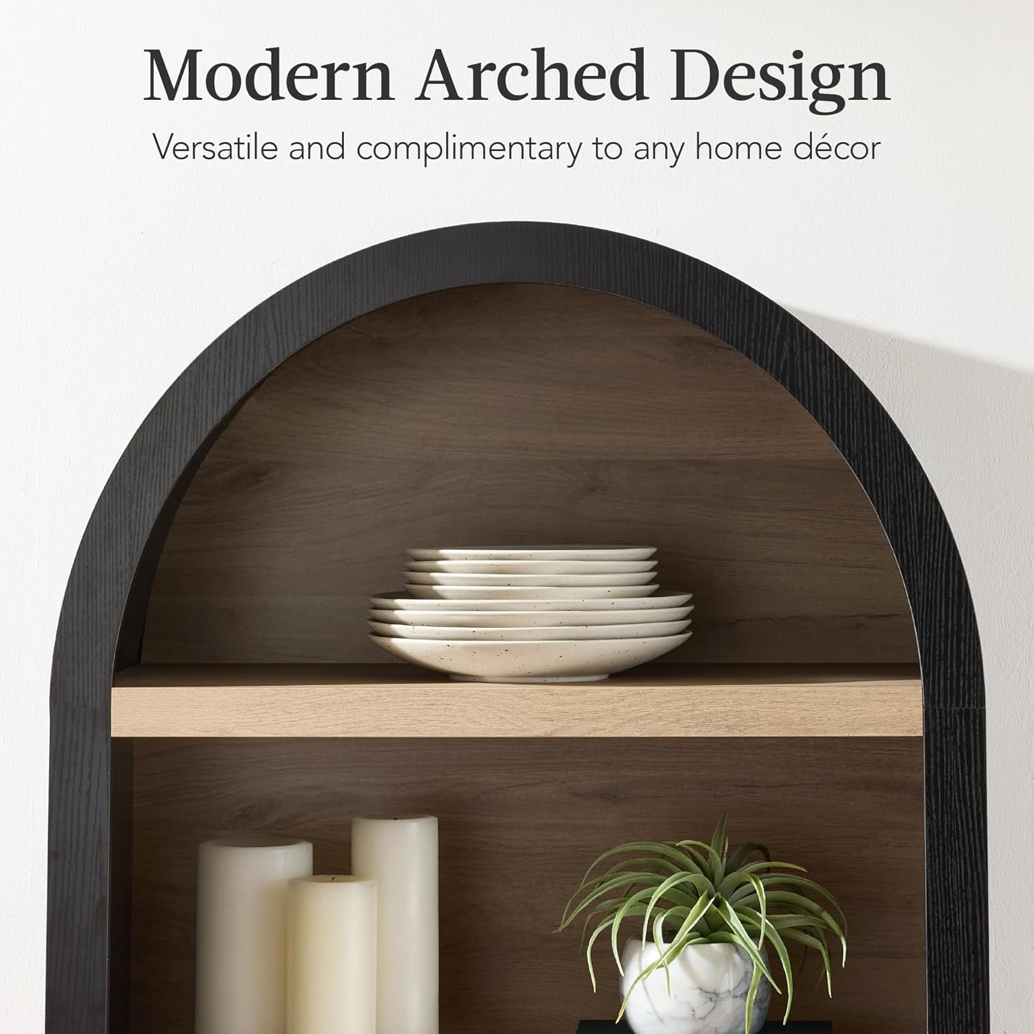 Arteva Living:  72in Tall Arched Pantry Cabinet w/Doors, 5-Tier Bookshelf, Armoire, Hutch, Bookcase, Storage Cabinet w/Adjustable Shelves - Black Oak