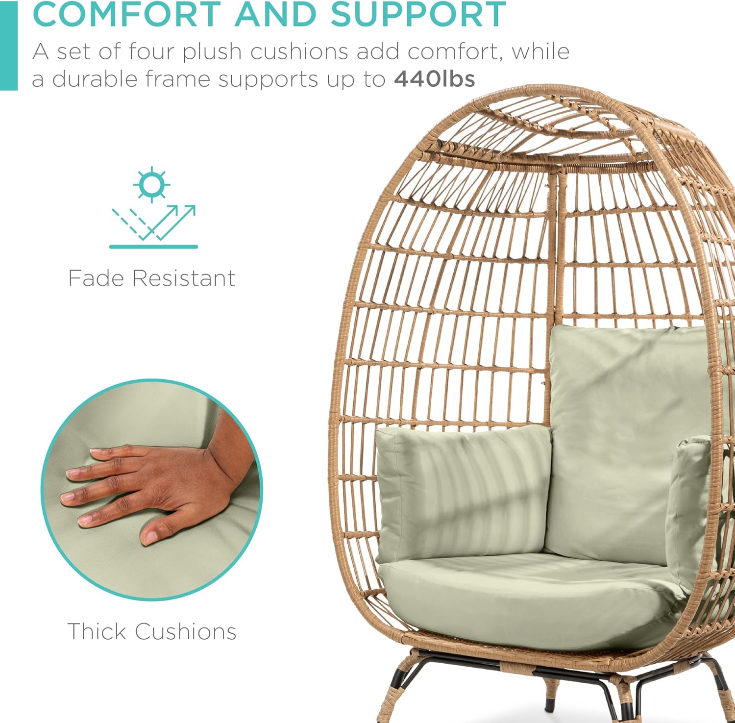 Arteva Living:  Wicker Egg Chair, Oversized Indoor Outdoor Lounger for Patio, Backyard, Living Room w/ 4 Cushions, Steel Frame, 440lb Capacity - Sage