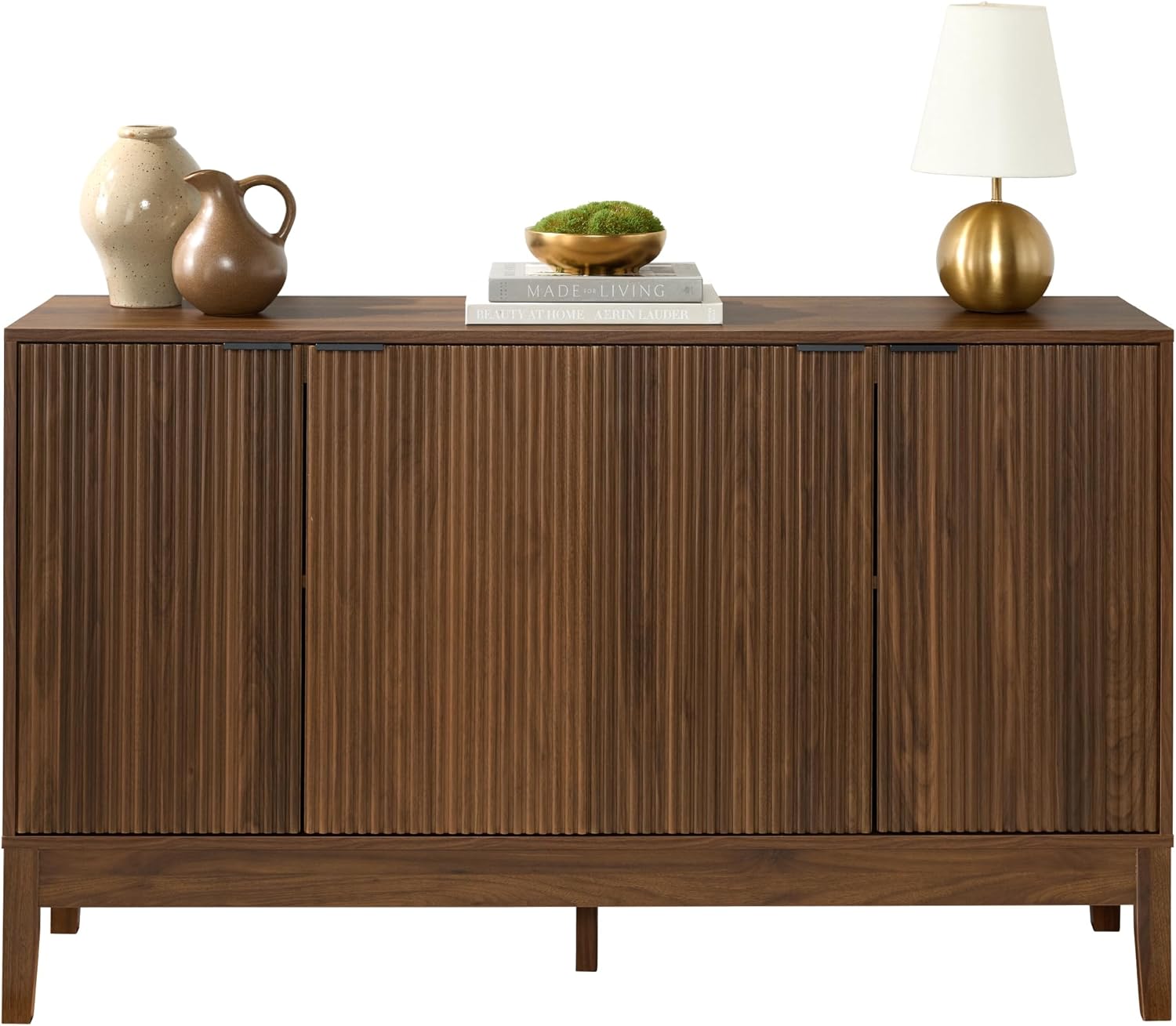 Arteva Living:  4-Door Large Reeded Storage Cabinet, Buffet Sideboard, Media Cabinet, Cupboard, Accent Console Table w/Adjustable Shelves – Natural