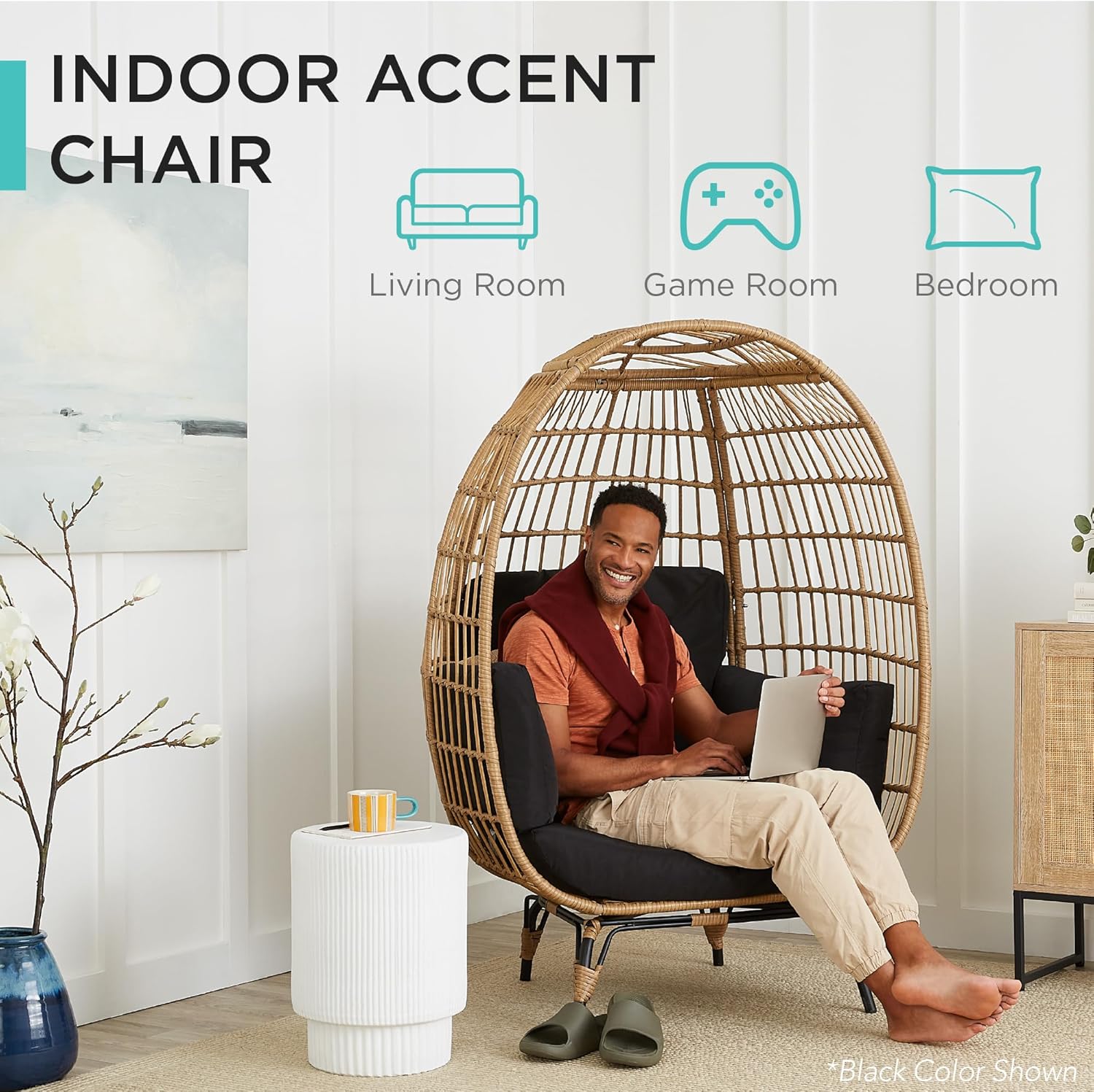 Arteva Living:  Wicker Egg Chair, Oversized Indoor Outdoor Lounger for Patio, Backyard, Living Room w/ 4 Cushions, Steel Frame, 440lb Capacity - Sage