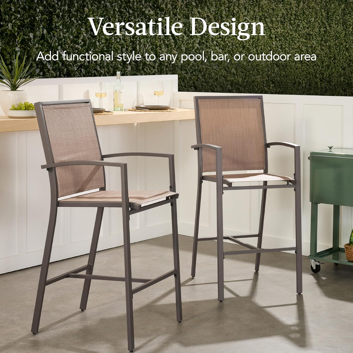Arteva Living:  Outdoor Bar Stools Set of 2, Bar Height, Patio Furniture, All Weather Mesh Design w/Armrest - Black/Navy