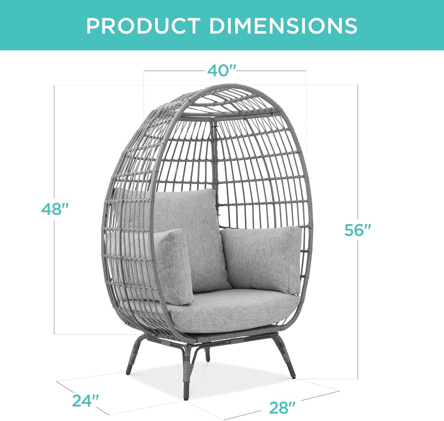 Arteva Living:  Wicker Egg Chair, Oversized Indoor Outdoor Lounger for Patio, Backyard, Living Room w/ 4 Cushions, Steel Frame, 440lb Capacity - Sage