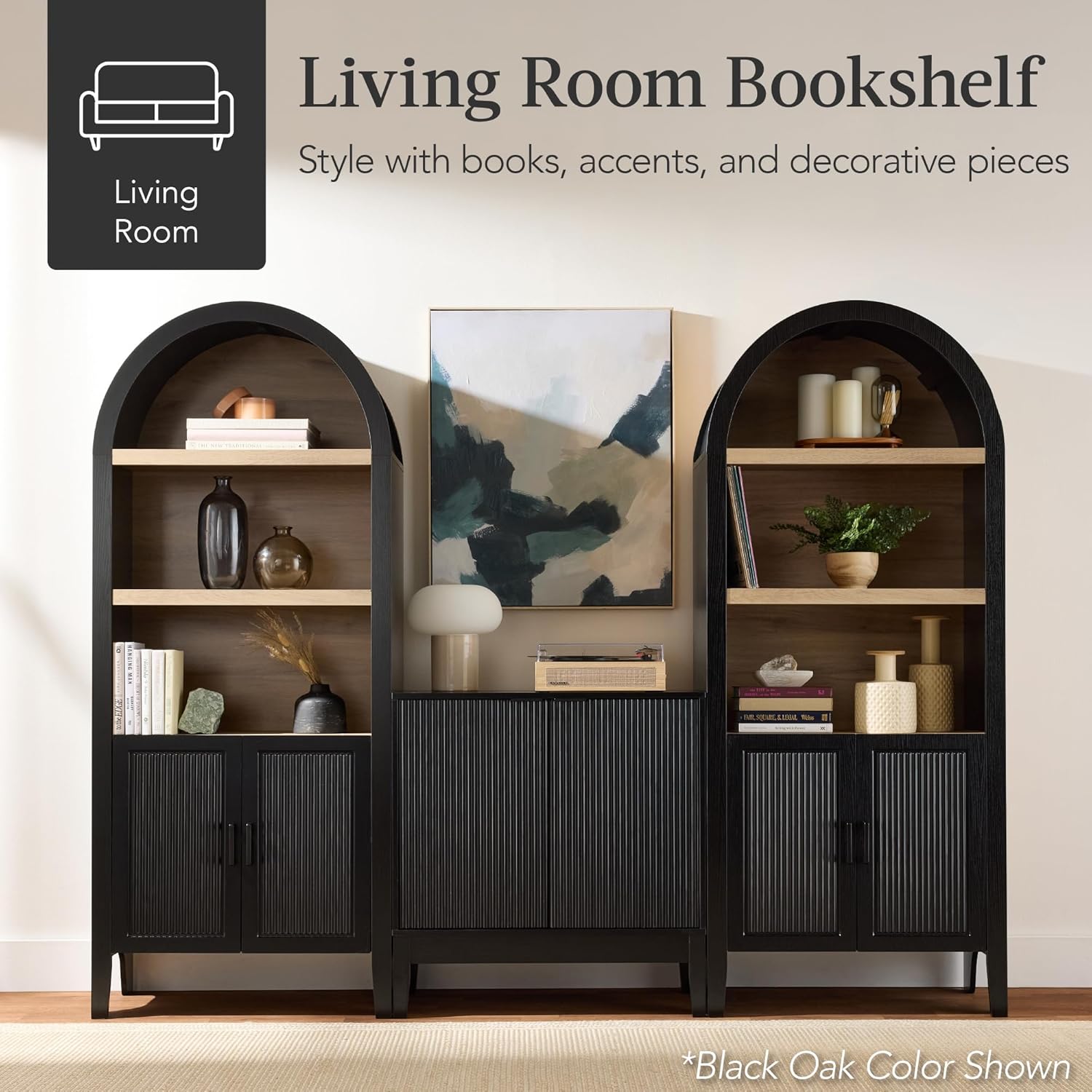 Arteva Living:  72in Tall Arched Pantry Cabinet w/Doors, 5-Tier Bookshelf, Armoire, Hutch, Bookcase, Storage Cabinet w/Adjustable Shelves - Black Oak