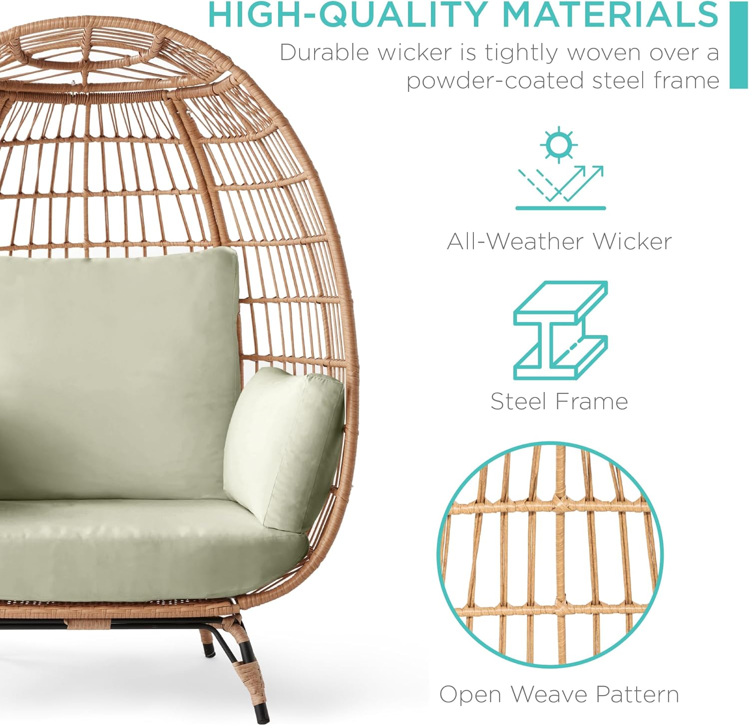 Arteva Living:  Wicker Egg Chair, Oversized Indoor Outdoor Lounger for Patio, Backyard, Living Room w/ 4 Cushions, Steel Frame, 440lb Capacity - Sage