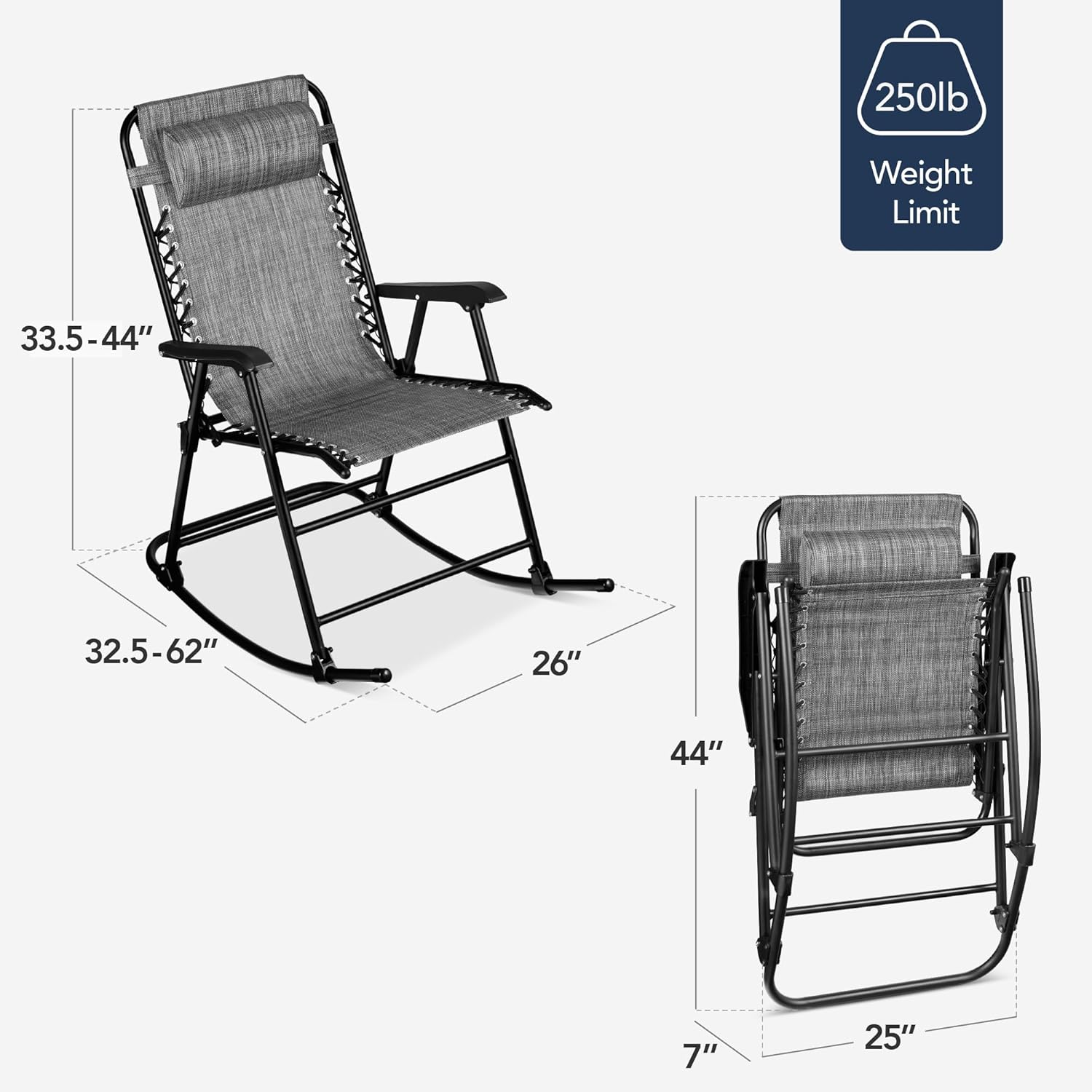 Arteva Living:  Outdoor Folding Rocking Chair, Zero Gravity Lounge Chair, Patio Rocker w/Headrest Pillow - Peacock Blue