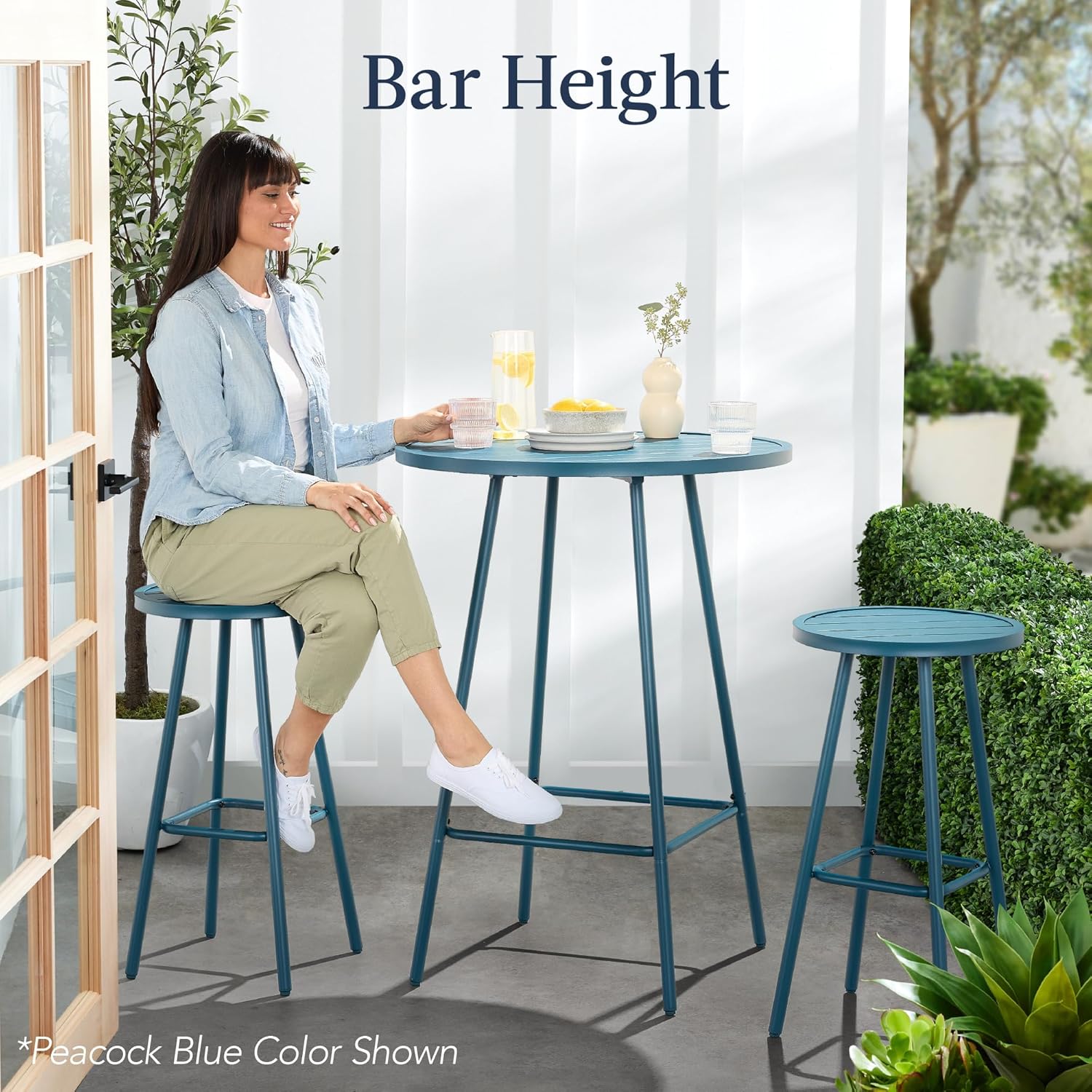 Arteva Living:  3-Piece Patio Dining Set, Bar Height, Outdoor Bistro Set, Outdoor Round Bar Table w/ 2 Bar Stools, Steel - Peacock Blue