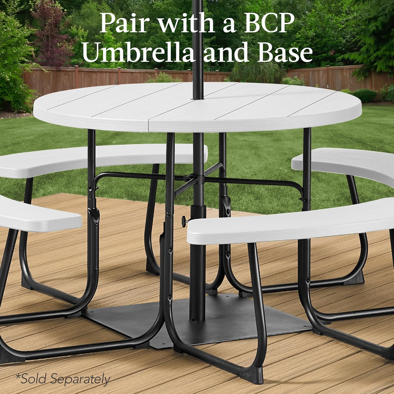 Arteva Living:  8-Person Outdoor Bench Patio Picnic Table, Circular w/ 4 Built-in Benches and Umbrella Hole, 2000lb Capacity - Green