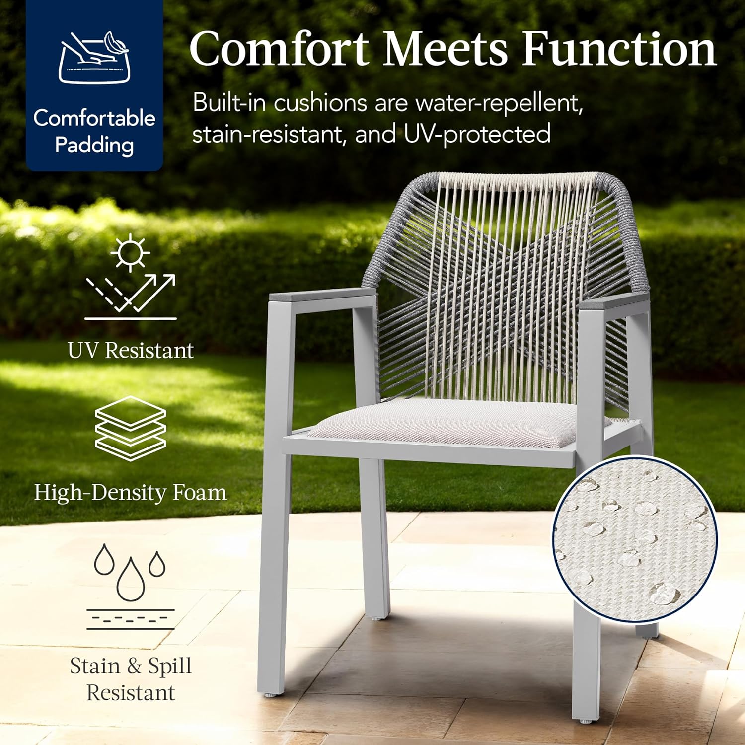 Arteva Living:  Outdoor Dining Arm Chair Set of 2, Aluminum Frame with Armrest, All-Weather Woven Rope Chair Design - Charcoal/Graphite