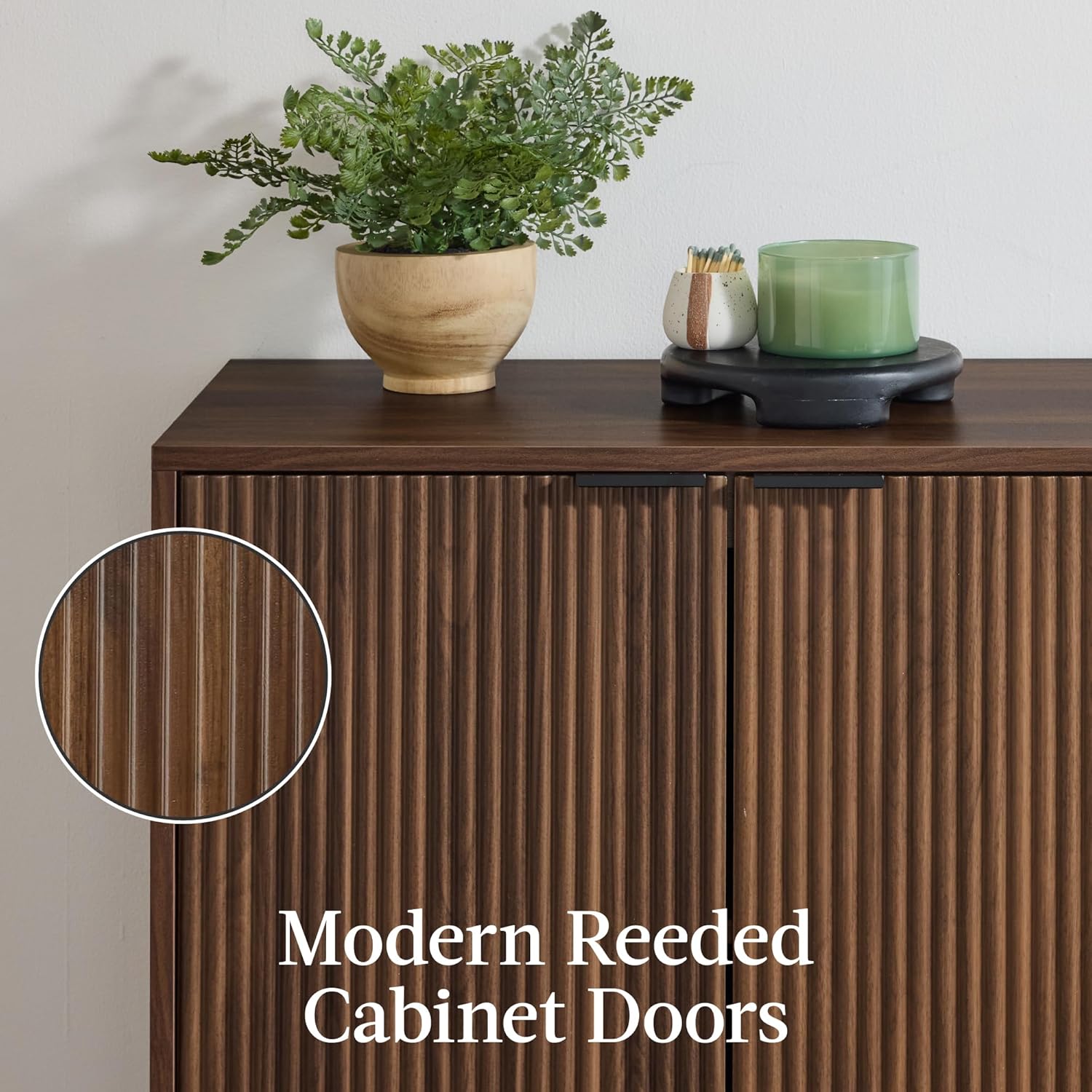 Arteva Living:  4-Door Large Reeded Storage Cabinet, Buffet Sideboard, Media Cabinet, Cupboard, Accent Console Table w/Adjustable Shelves – Natural
