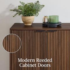 Arteva Living:  4-Door Large Reeded Storage Cabinet, Buffet Sideboard, Media Cabinet, Cupboard, Accent Console Table w/Adjustable Shelves – Natural