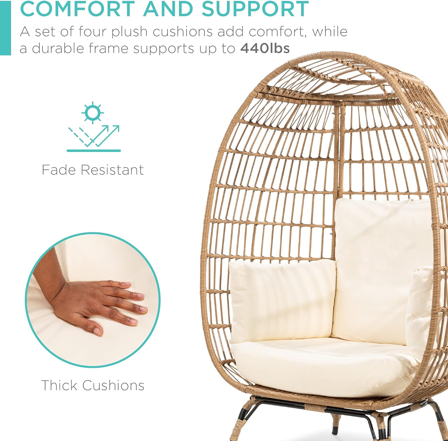 Arteva Living:  Wicker Egg Chair, Oversized Indoor Outdoor Lounger for Patio, Backyard, Living Room w/ 4 Cushions, Steel Frame, 440lb Capacity - Sage