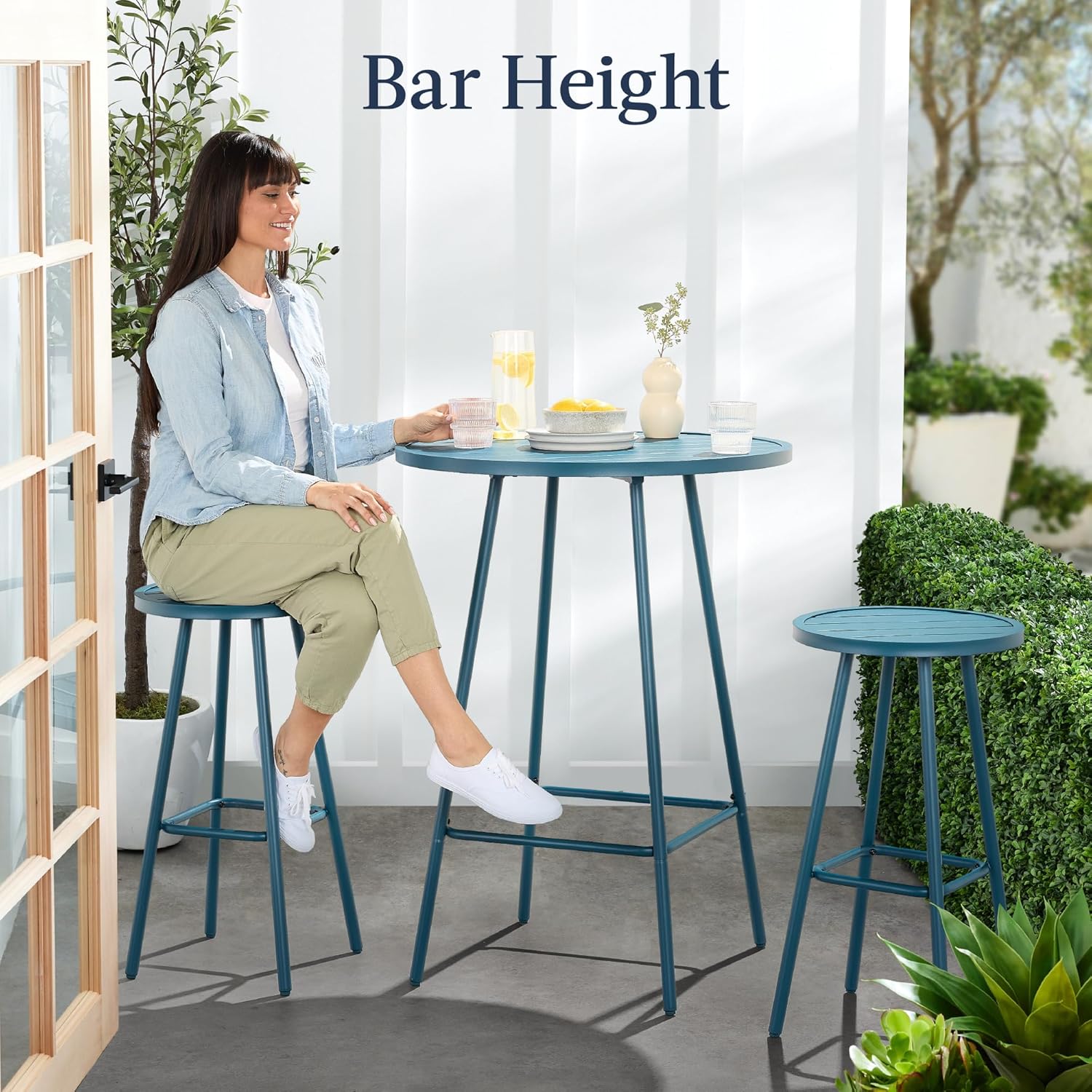 Arteva Living:  3-Piece Patio Dining Set, Bar Height, Outdoor Bistro Set, Outdoor Round Bar Table w/ 2 Bar Stools, Steel - Peacock Blue