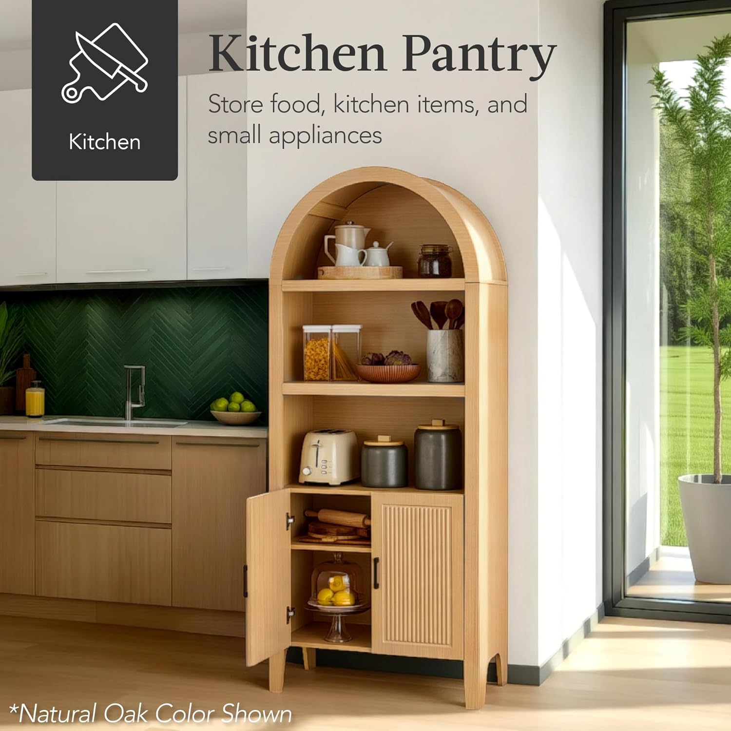 Arteva Living:  72in Tall Arched Pantry Cabinet w/Doors, 5-Tier Bookshelf, Armoire, Hutch, Bookcase, Storage Cabinet w/Adjustable Shelves - Black Oak