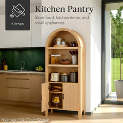 Arteva Living:  72in Tall Arched Pantry Cabinet w/Doors, 5-Tier Bookshelf, Armoire, Hutch, Bookcase, Storage Cabinet w/Adjustable Shelves - Black Oak