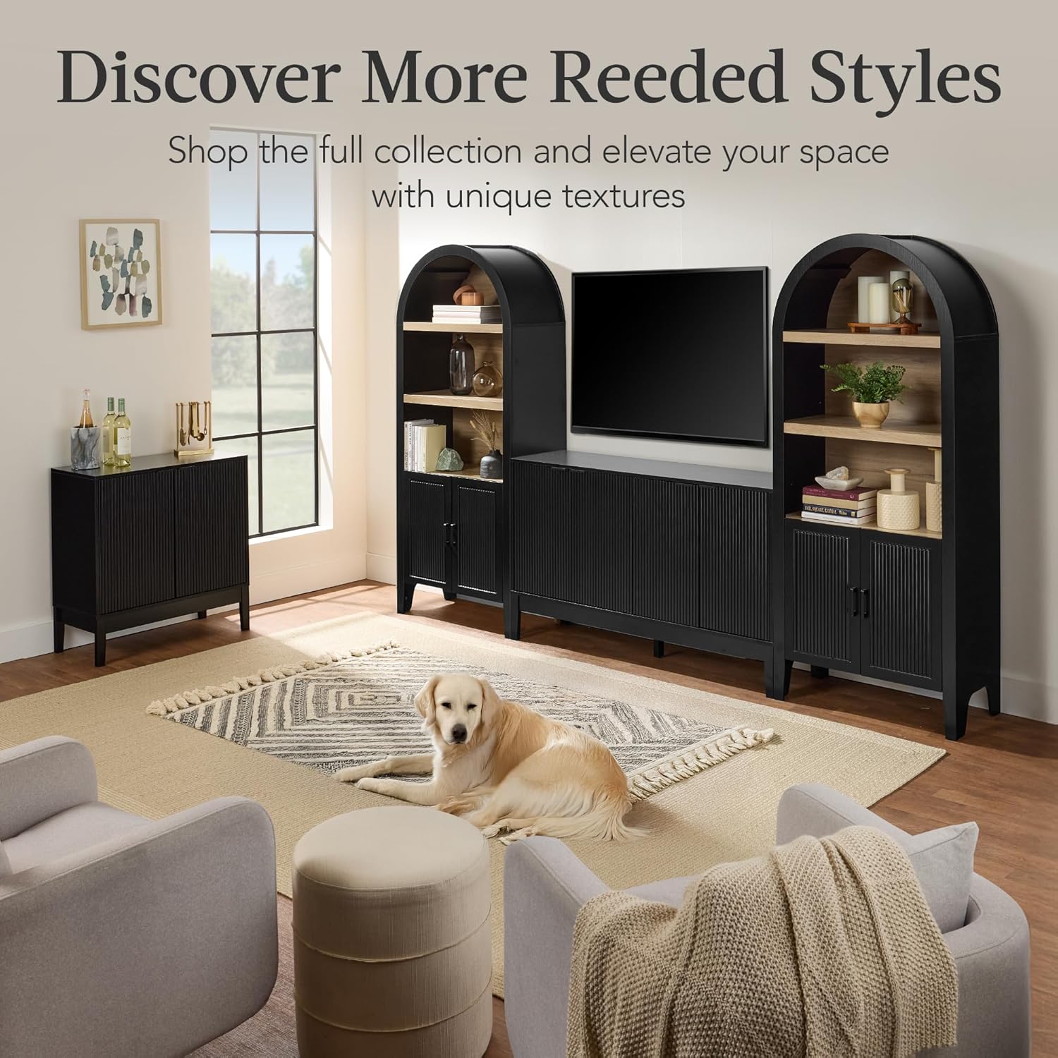 Arteva Living:  72in Tall Arched Pantry Cabinet w/Doors, 5-Tier Bookshelf, Armoire, Hutch, Bookcase, Storage Cabinet w/Adjustable Shelves - Black Oak