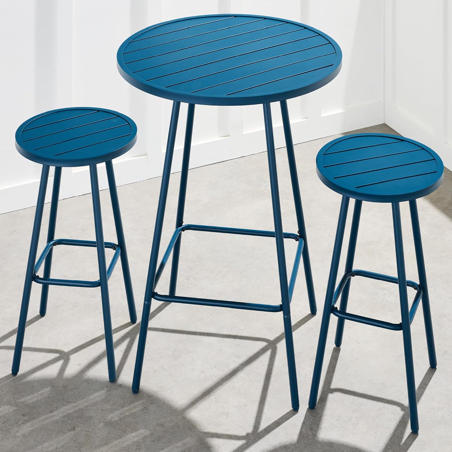 Arteva Living:  3-Piece Patio Dining Set, Bar Height, Outdoor Bistro Set, Outdoor Round Bar Table w/ 2 Bar Stools, Steel - Peacock Blue