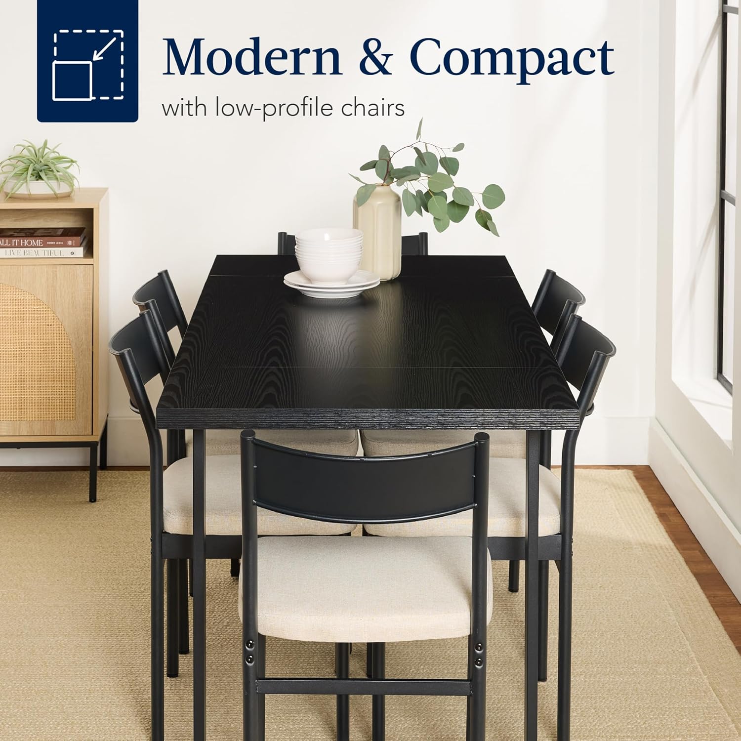 Arteva Living:  7-Piece Modern Dining Room Set, Kitchen Table Set, Dining Table w/ 6 Chairs, Upholstered Cushions, Solid Metal Frame, Curved Backrest - Black/Ivory