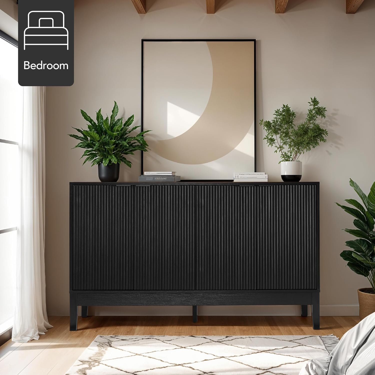 Arteva Living:  4-Door Large Reeded Storage Cabinet, Buffet Sideboard, Media Cabinet, Cupboard, Accent Console Table w/Adjustable Shelves – Natural