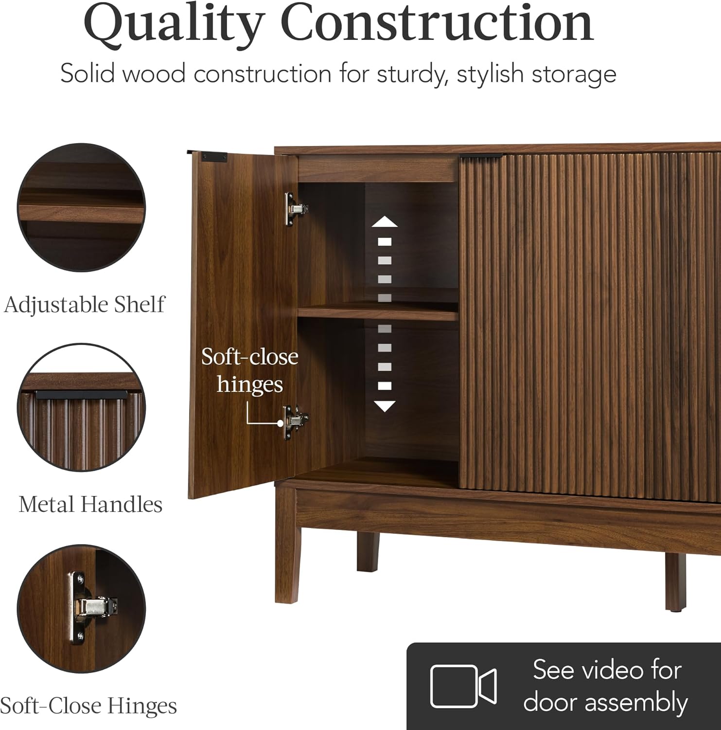 Arteva Living:  4-Door Large Reeded Storage Cabinet, Buffet Sideboard, Media Cabinet, Cupboard, Accent Console Table w/Adjustable Shelves – Natural