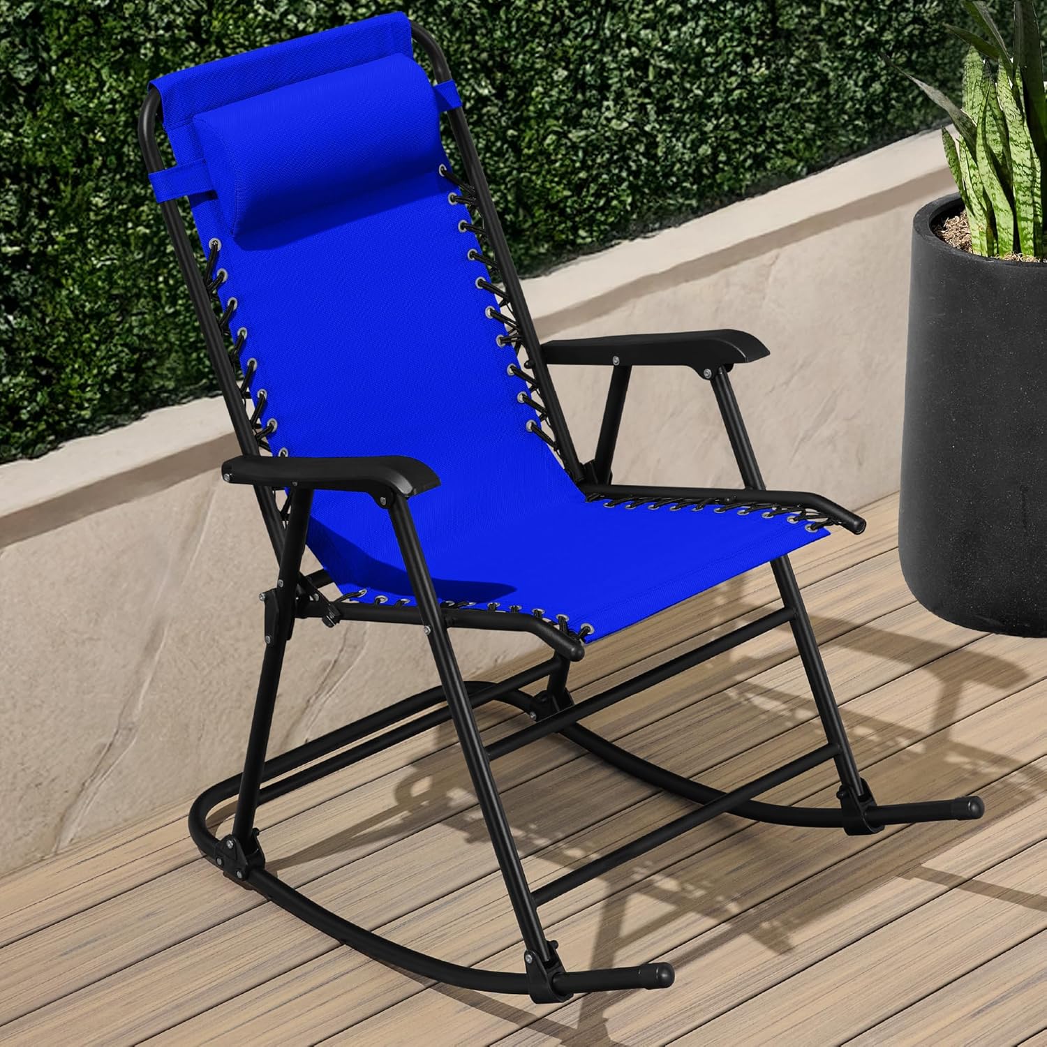 Arteva Living:  Outdoor Folding Rocking Chair, Zero Gravity Lounge Chair, Patio Rocker w/Headrest Pillow - Peacock Blue