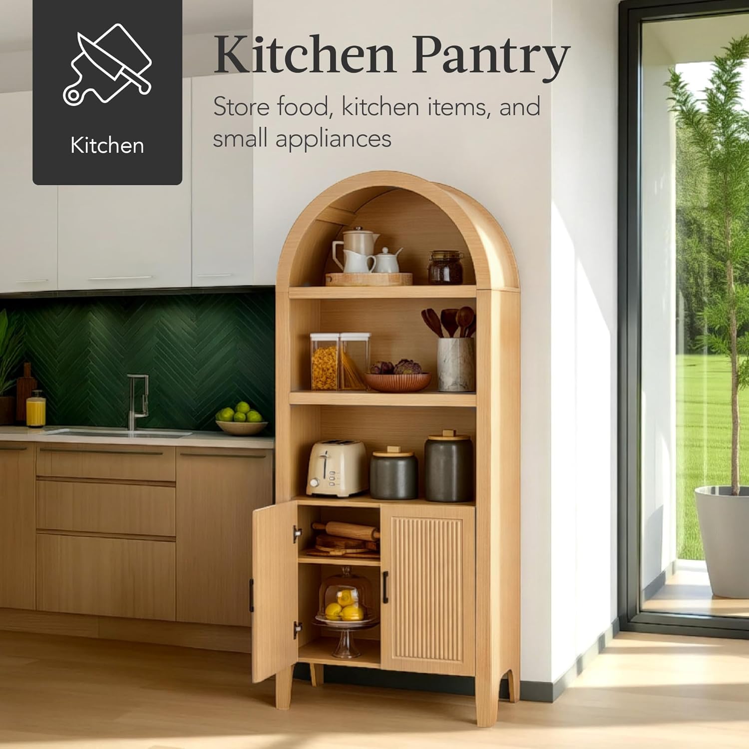 Arteva Living:  72in Tall Arched Pantry Cabinet w/Doors, 5-Tier Bookshelf, Armoire, Hutch, Bookcase, Storage Cabinet w/Adjustable Shelves - Black Oak