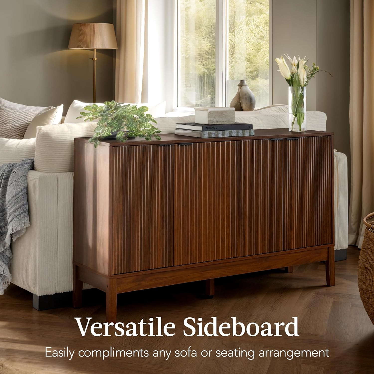 Arteva Living:  4-Door Large Reeded Storage Cabinet, Buffet Sideboard, Media Cabinet, Cupboard, Accent Console Table w/Adjustable Shelves – Natural